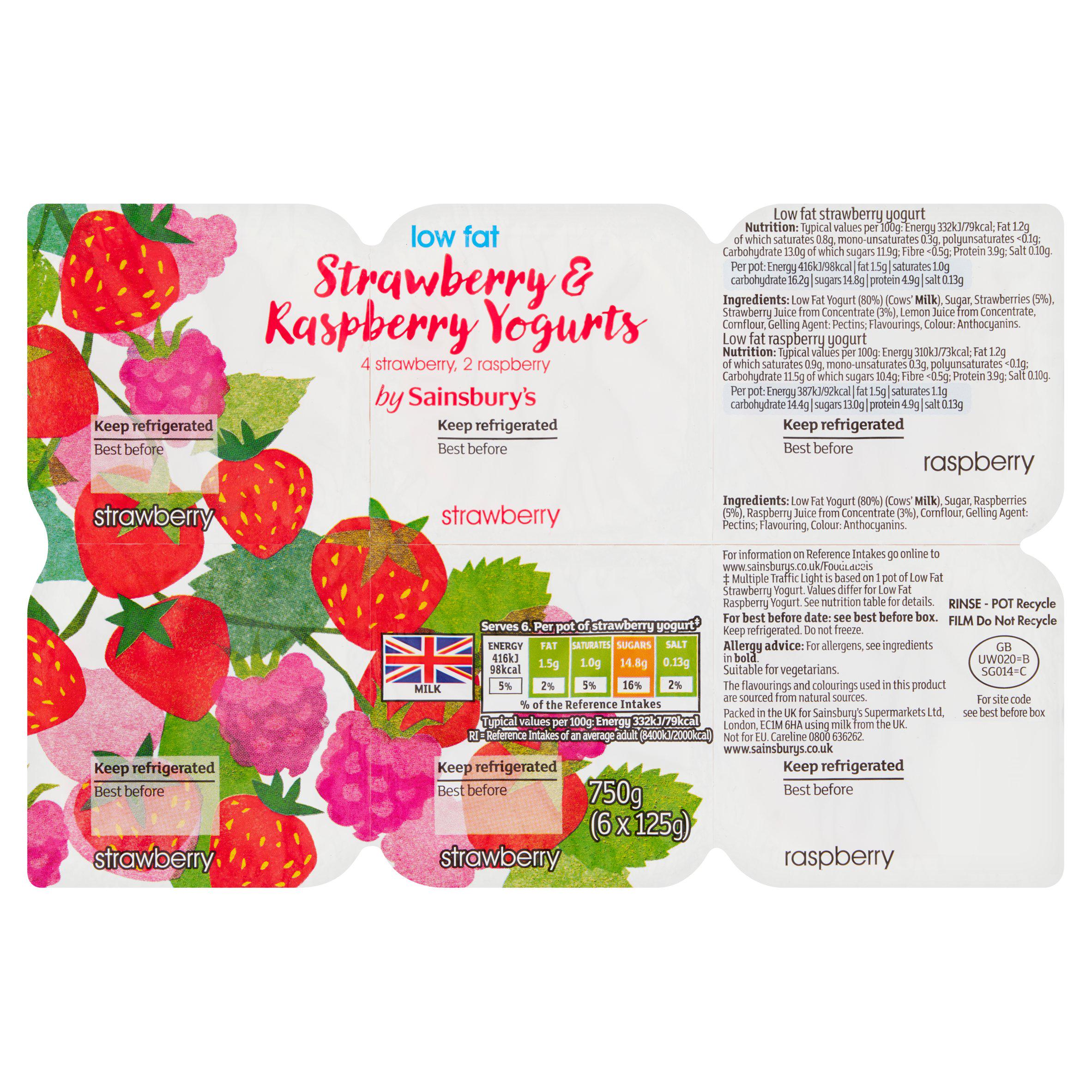 Sainsbury's 6 x 125g Low Fat Strawberry & Raspberry Yogurt