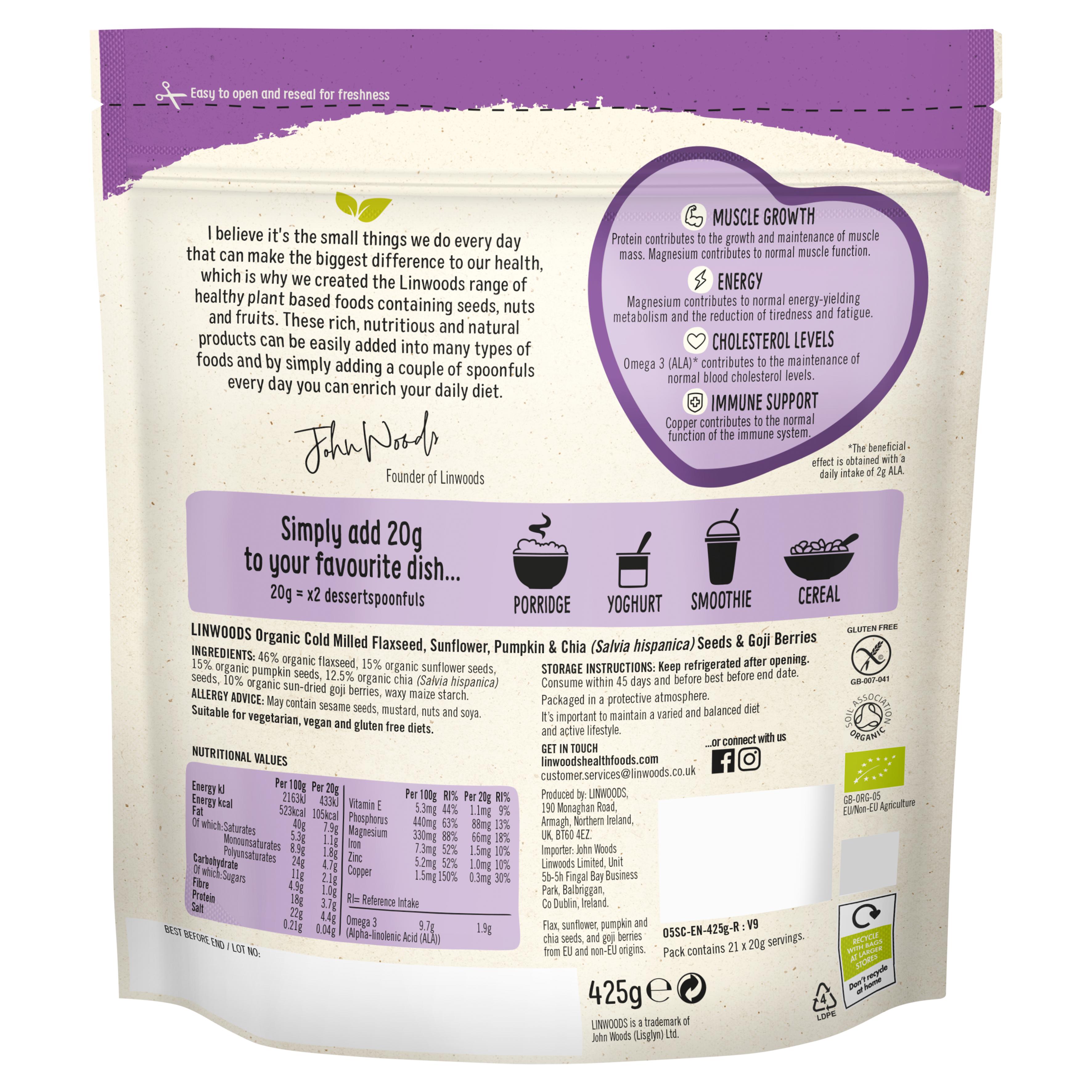 Linwoods Organic Cold Milled Flaxseed, Sunflower, Pumpkin & Chia Seeds & Goji Berries 425g thumbnail 3