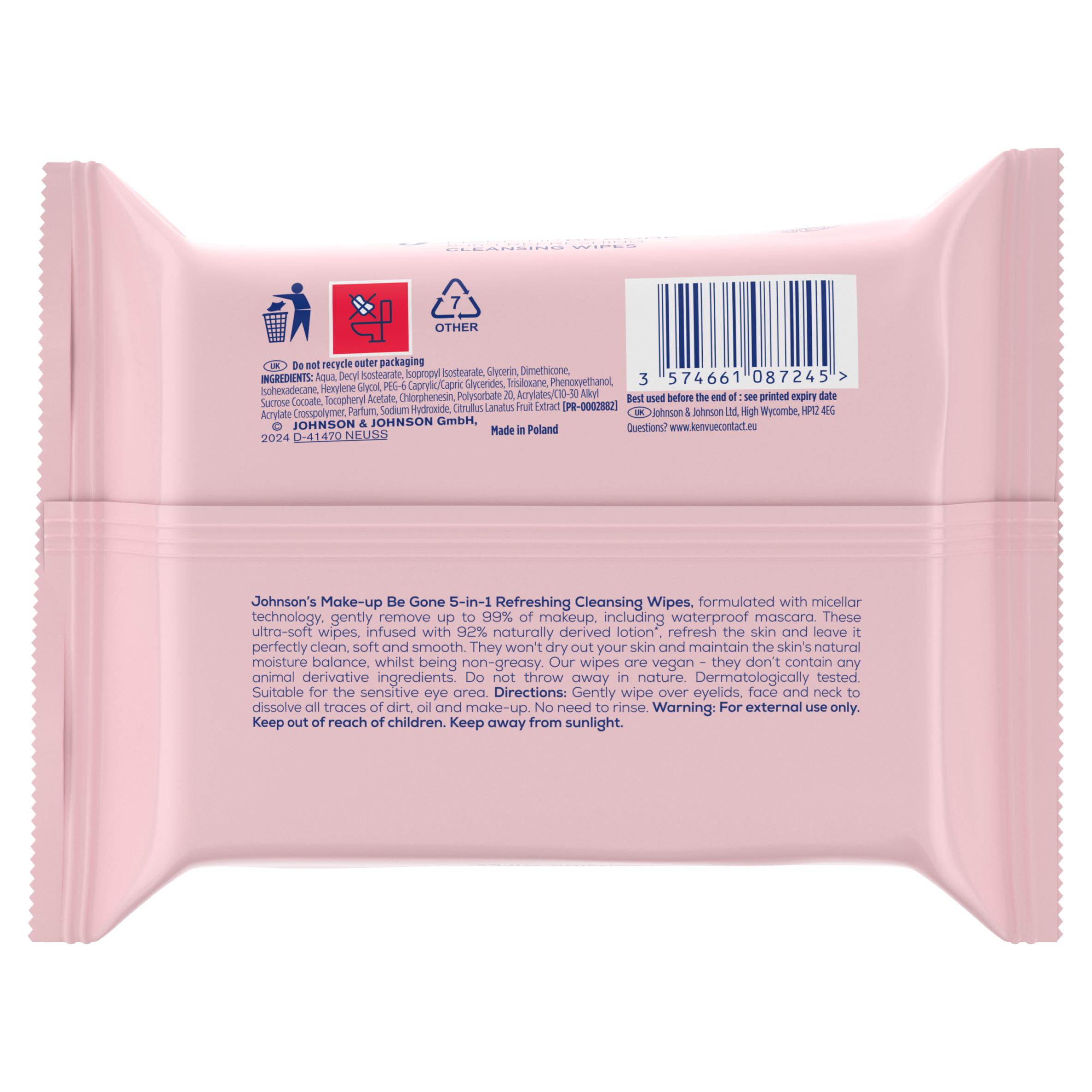 Johnson's Make Up Be Gone Facial Wipes, Refreshing x25 thumbnail 6