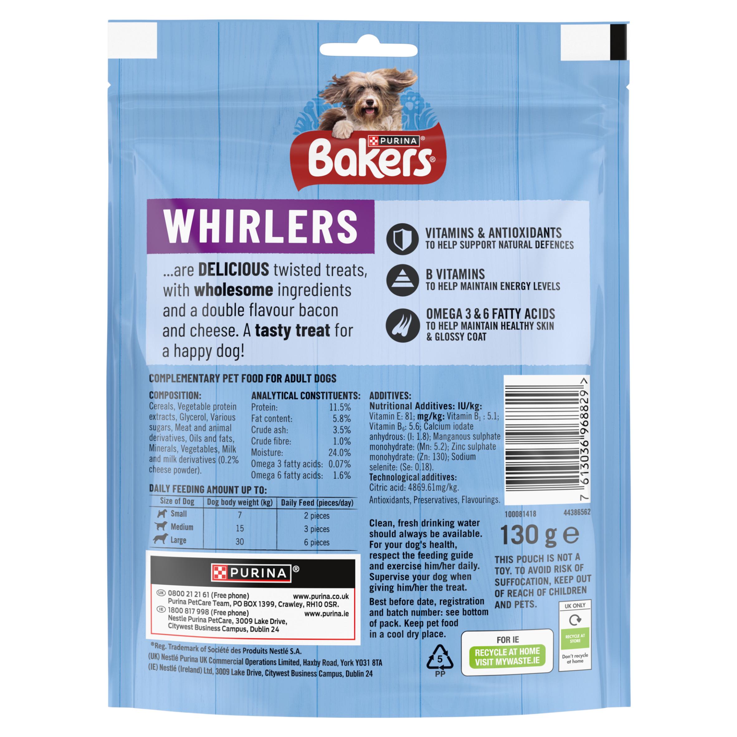 Bakers Whirlers Dog Treats Bacon & Cheese 130g thumbnail 2