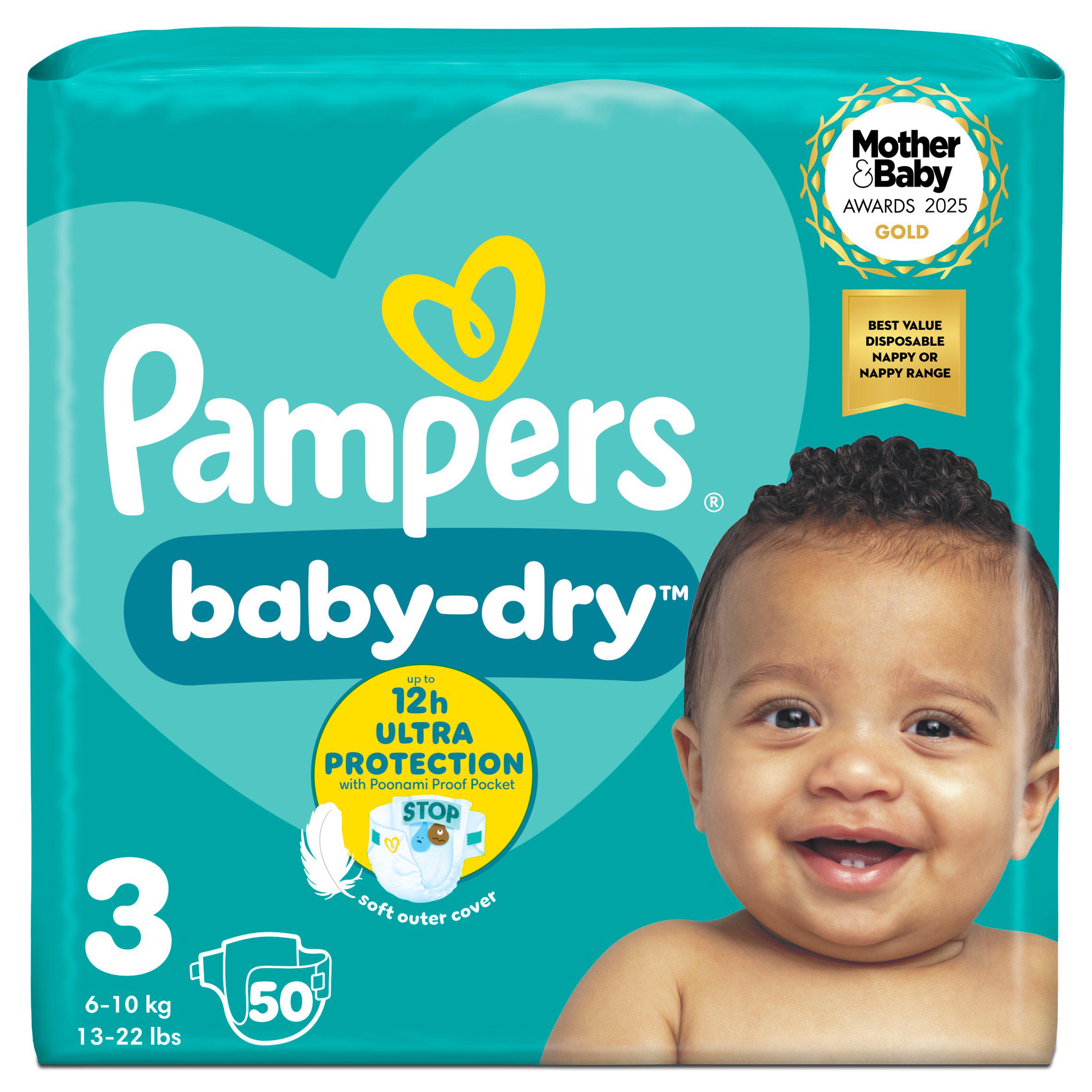 Pampers Baby-Dry Size 3, 50 Nappies, 6-10kg, Essential Pack