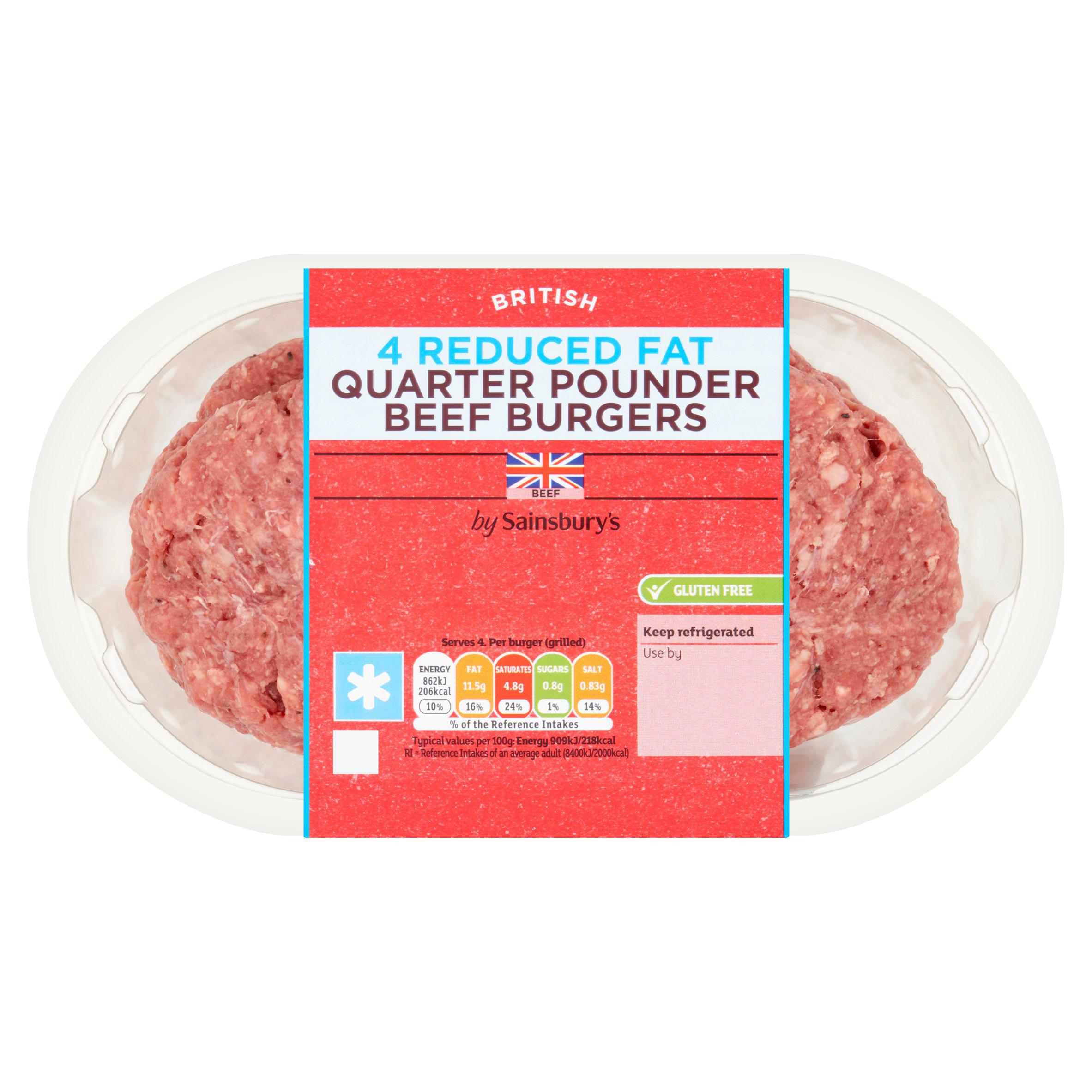 Sainsbury's 4 Reduced Fat Quarter Pounder Beef Burgers 454g