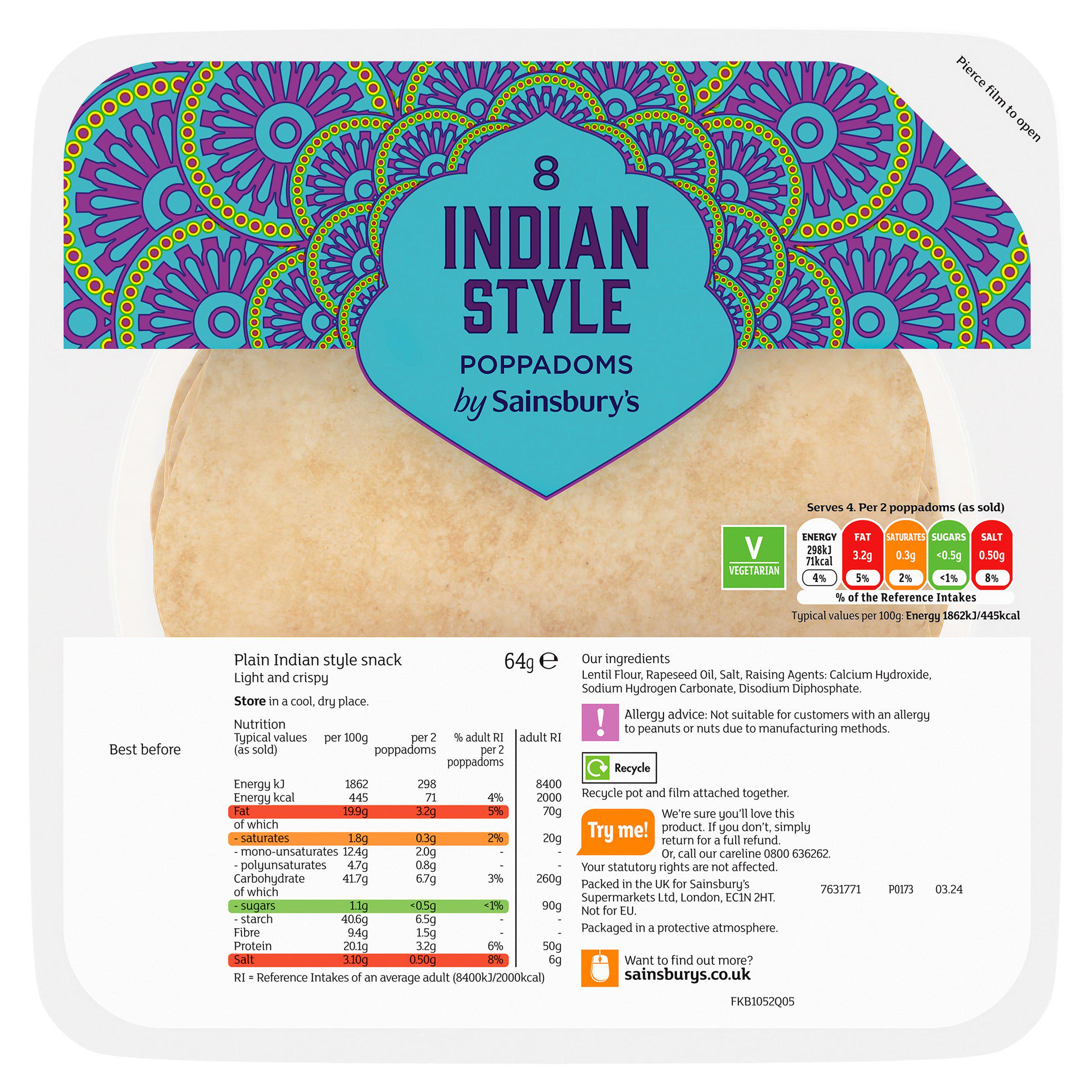 Sainsbury's Poppadoms Plain 64g