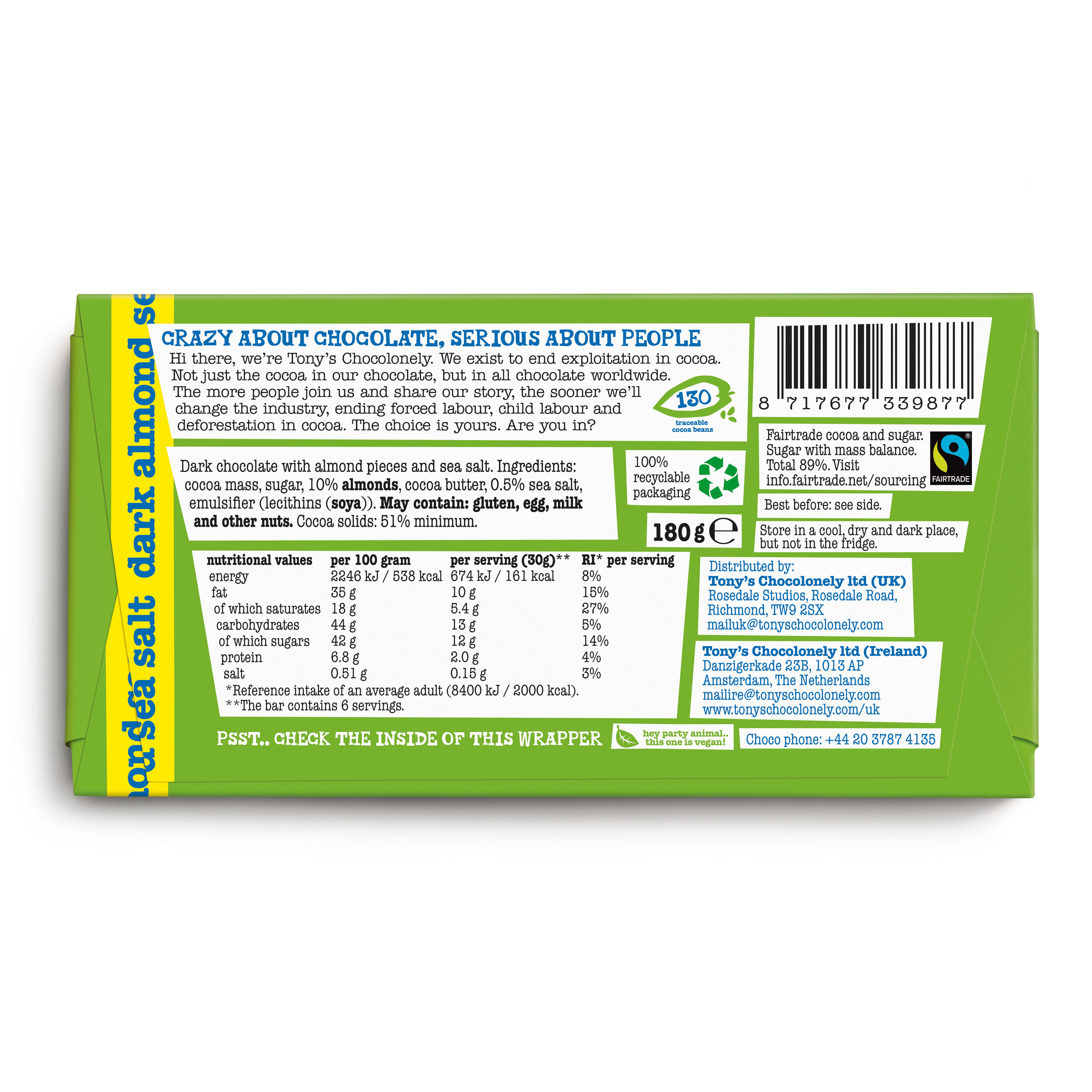 Tony's Chocolonely Dark Chocolate Almond Sea Salt 51% 180g thumbnail 2