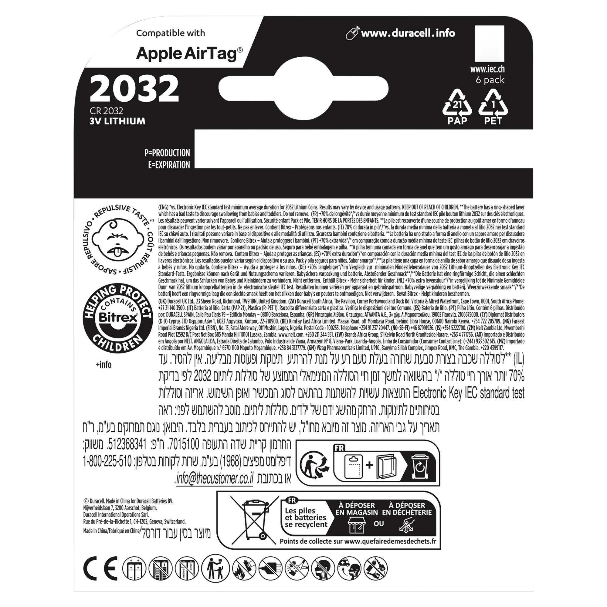 Duracell Specialty 2032 Lithium Coin Battery 3V (DL2032 / CR2032) , pack of 6 thumbnail 2