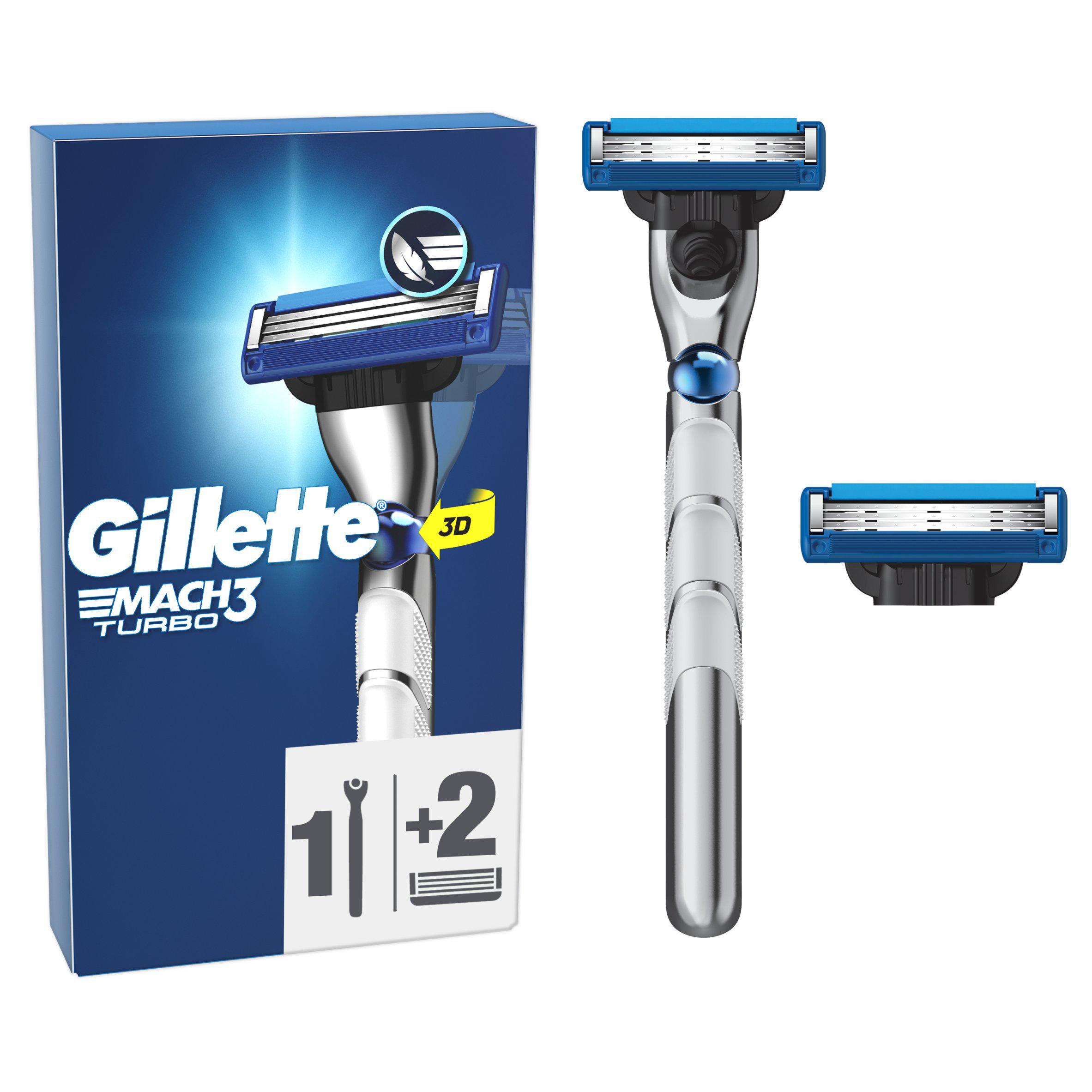 Gillette Mach3 Turbo 3D Action Razor Handle + 2 Blade Refills