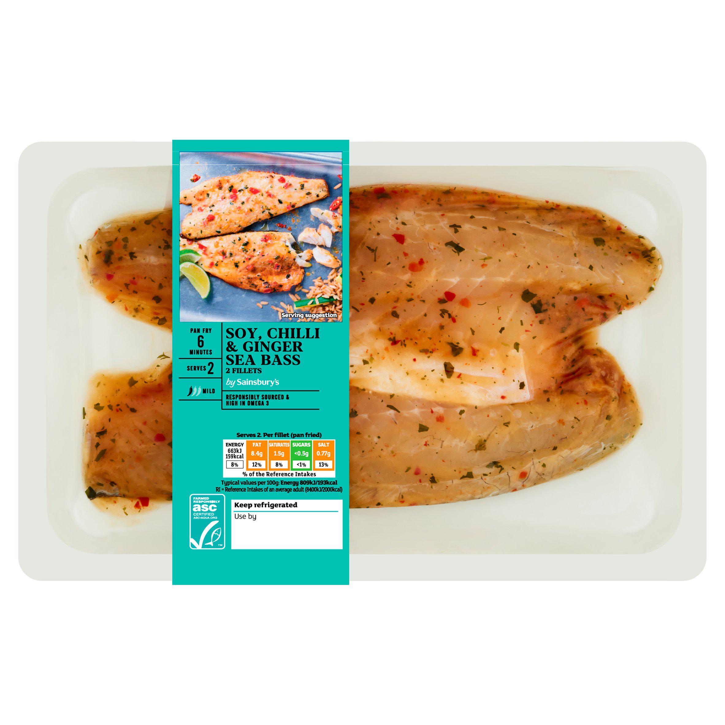Sainsbury's Sea Bass Fillets ASC with Soy, Chilli and Ginger x2 205g