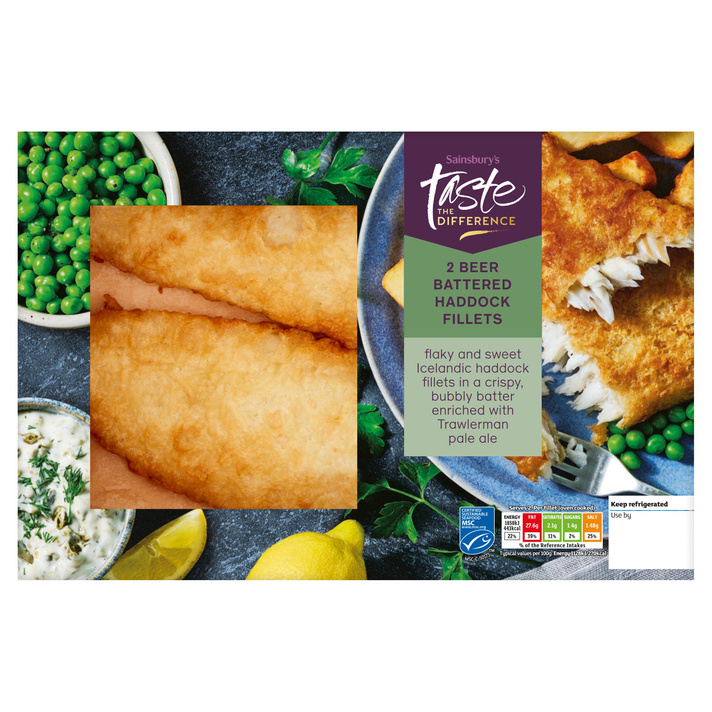 Sainsbury's 2 x Beer Battered MSC Haddock Fillets, Taste the Difference 365g