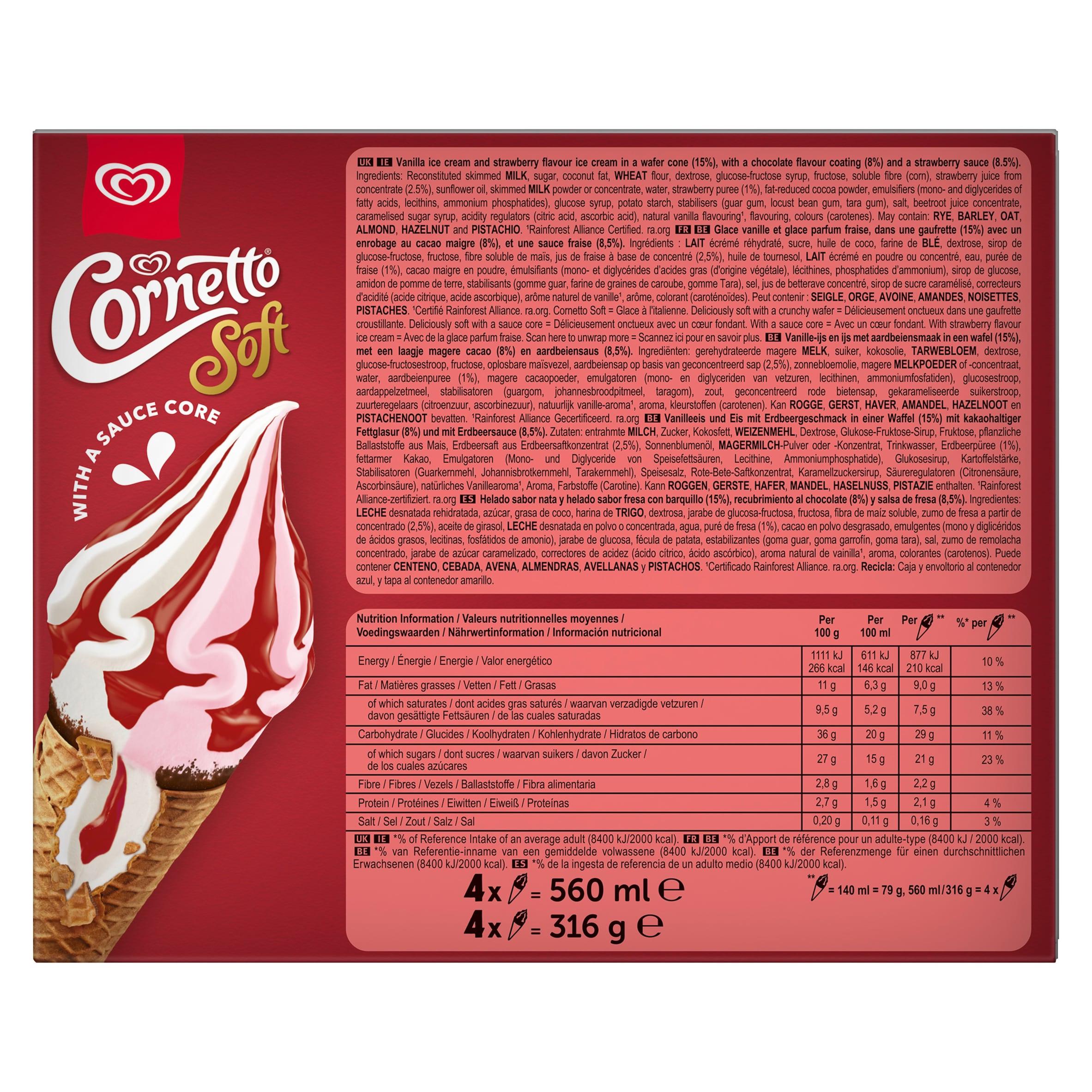 Cornetto 4 x 140ml Soft Strawberry & Vanilla Ice Cream Cones thumbnail 3
