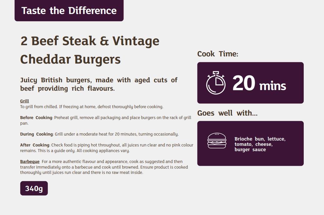 Sainsbury's 2 Beef Steak & Vintage Cheddar Burgers, Taste the Difference 340g thumbnail 2