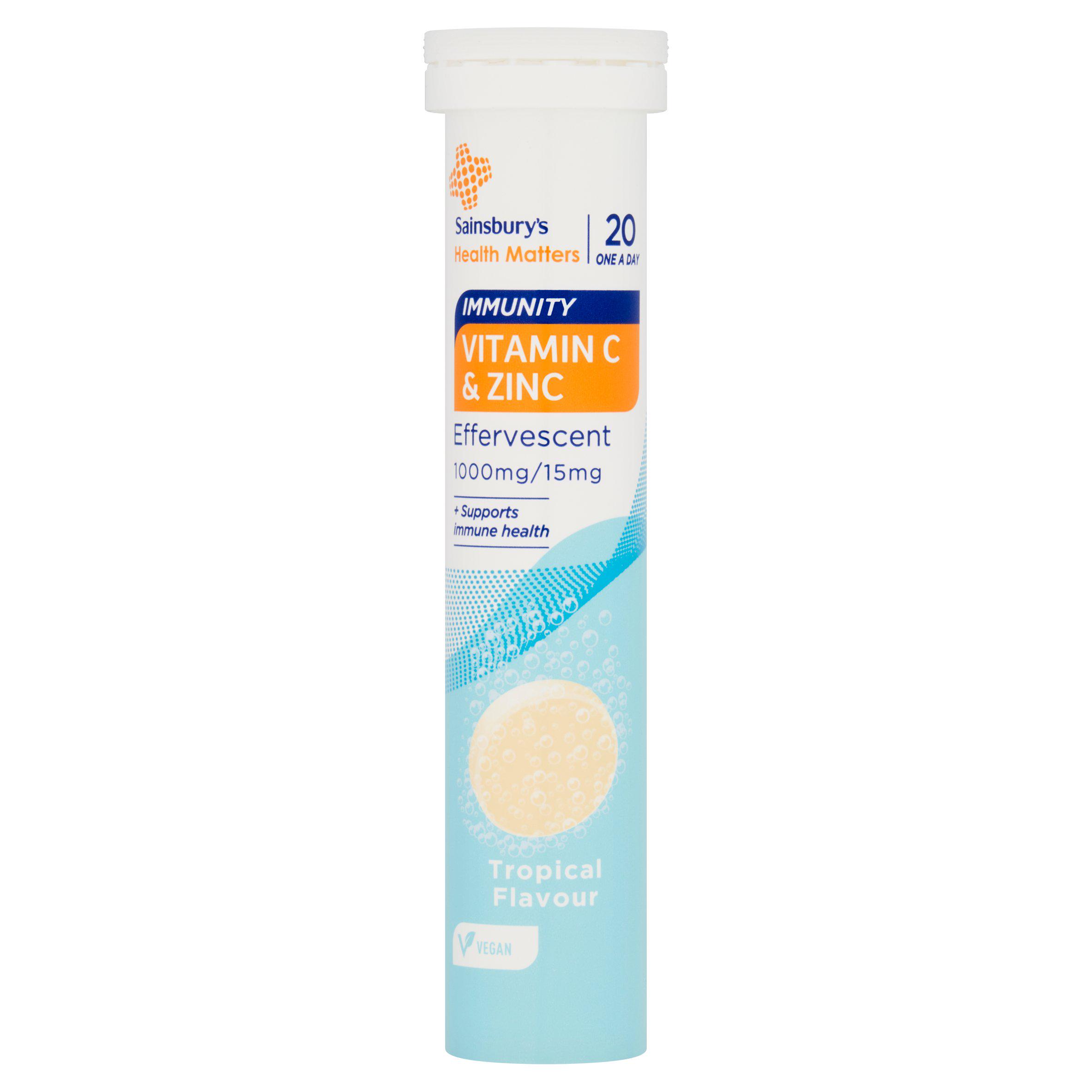 Sainsbury's Immunity Vitamin C & Zinc Effervescent Tropical Flavour One a Day 1000mg/15mg x20