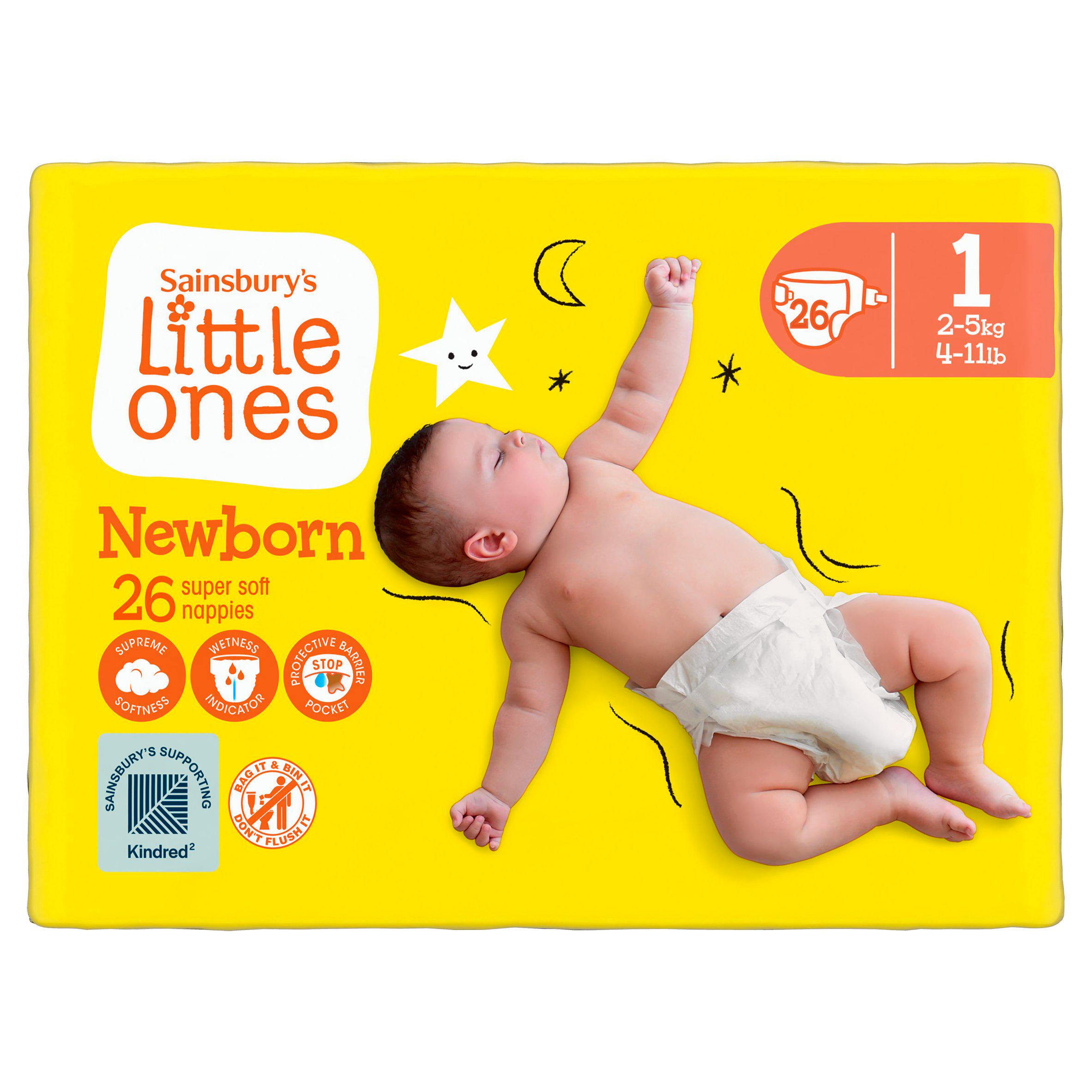 Sainsbury's Little Ones Newborn Super Soft Nappies Size 1, 2kg-5kg 4-11lb x26