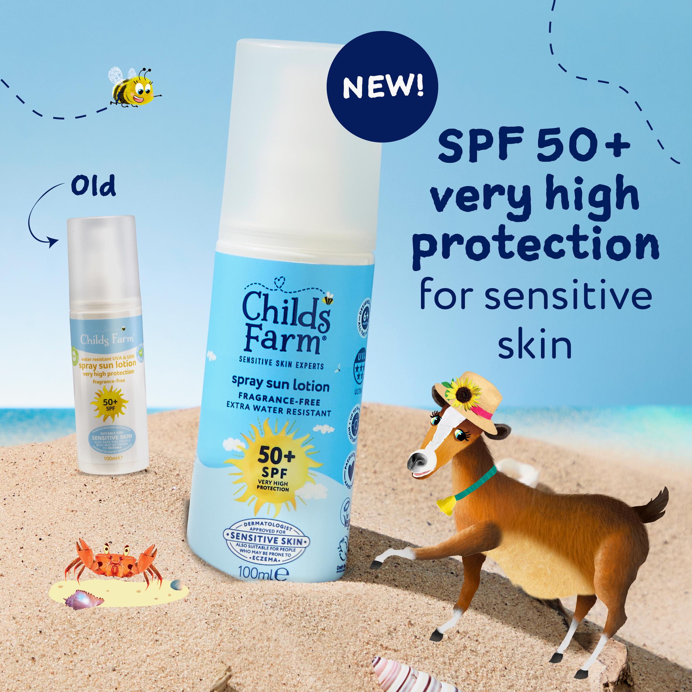 Childs Farm 100ml Sensitive Skin Very High Protection Fragrance Free Kids SPF 50+ Sun Lotion Spray thumbnail 2