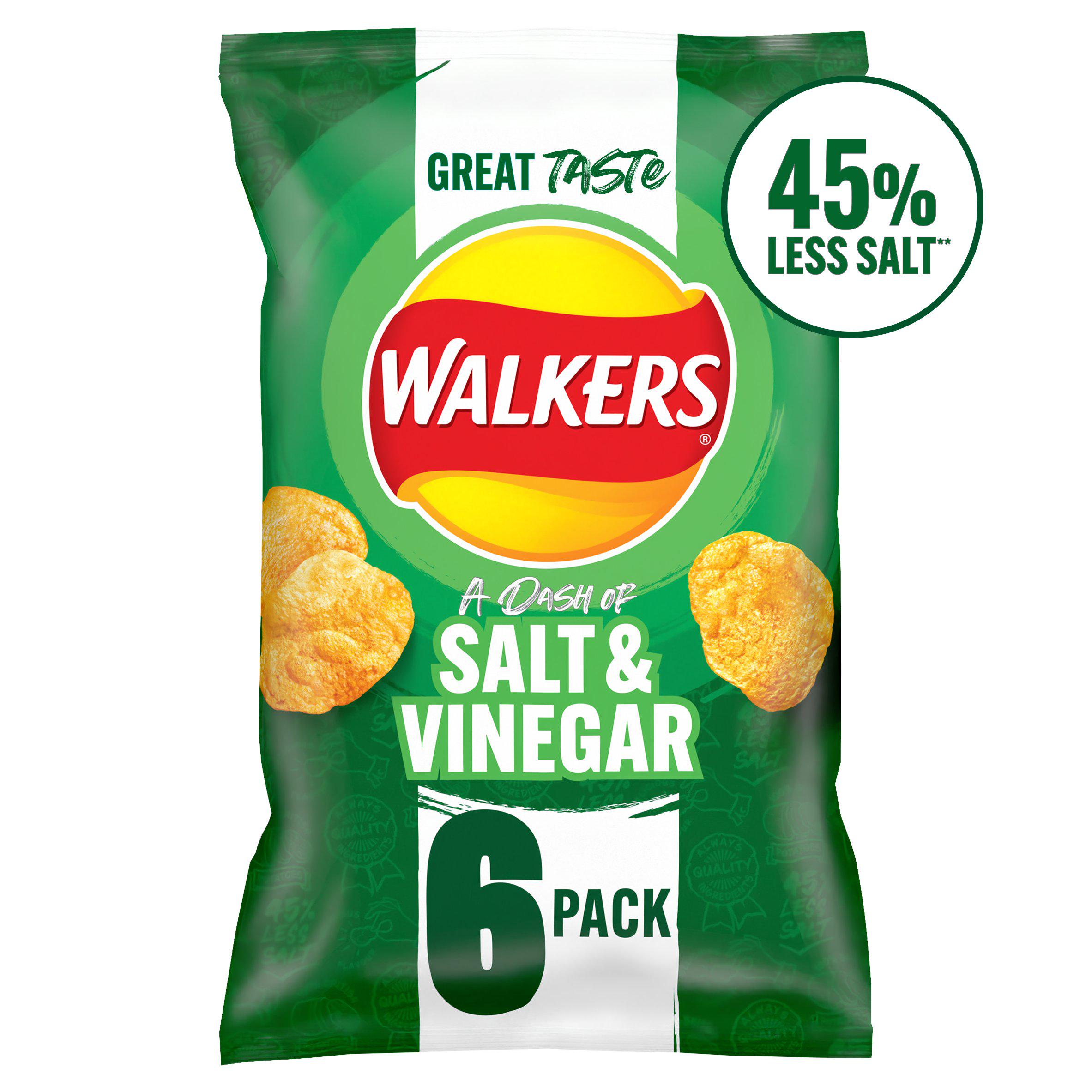 Walkers Less Salt a Dash of Salt & Vinegar Multipack Crisps 6x25g