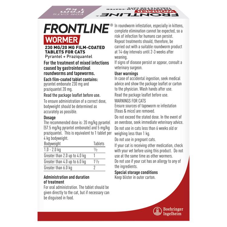 Frontline Wormer Film Coated Flavoured Tablets For Cats x2 230/20mg thumbnail 4