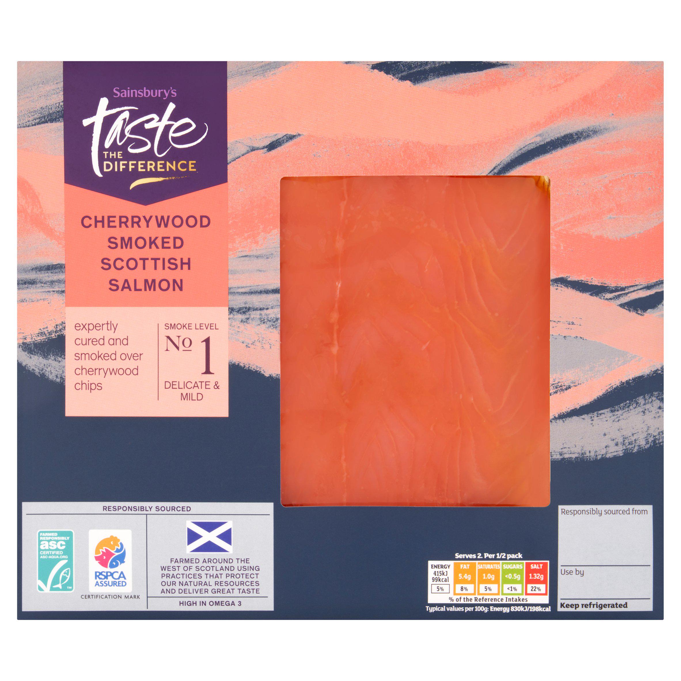Sainsbury's ASC Scottish Cherry Wood Smoked Salmon, Taste the Difference 100g (Ready To Eat)