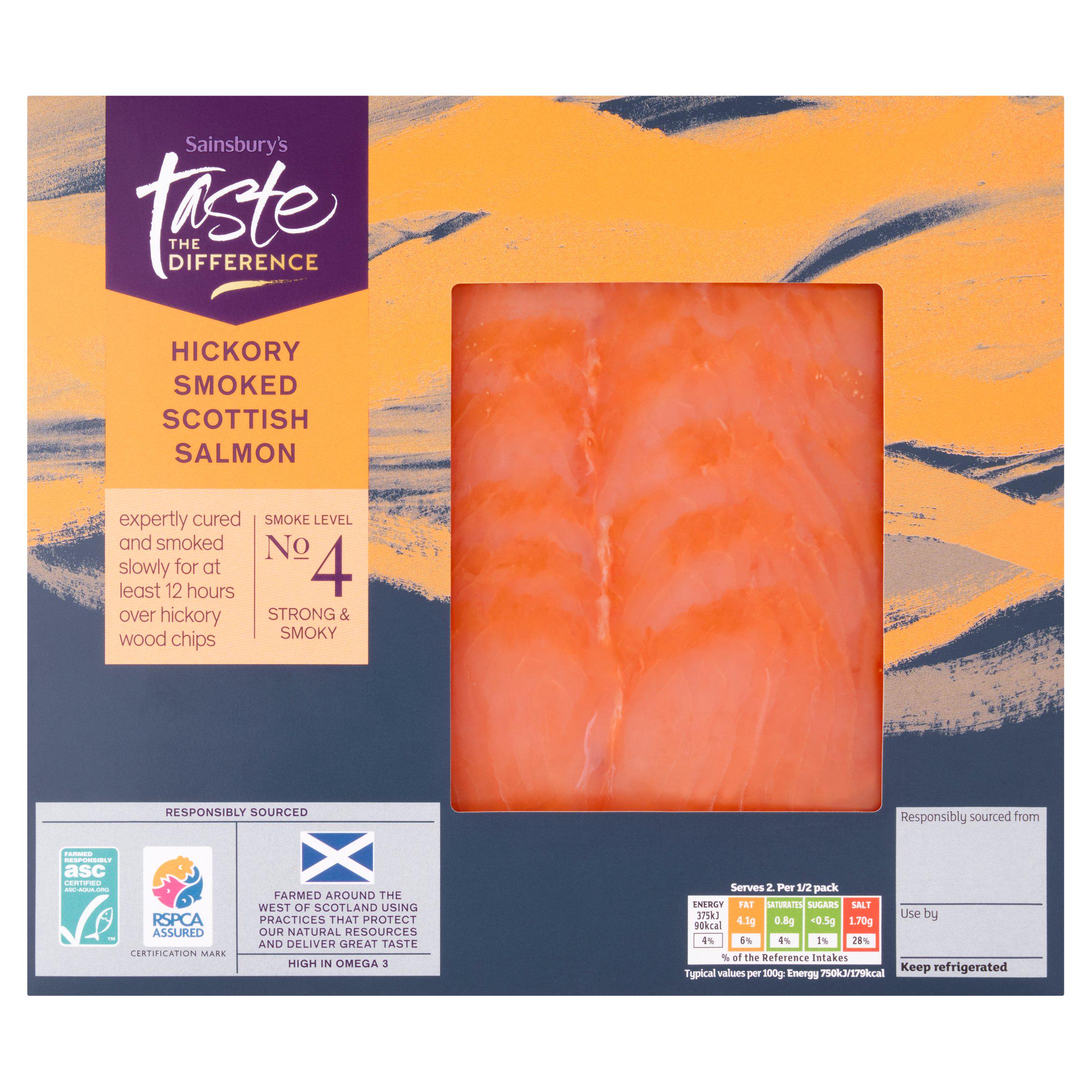 Sainsbury's ASC Scottish Hickory Wood Smoked Salmon, Taste the Difference 100g (Ready To Eat)