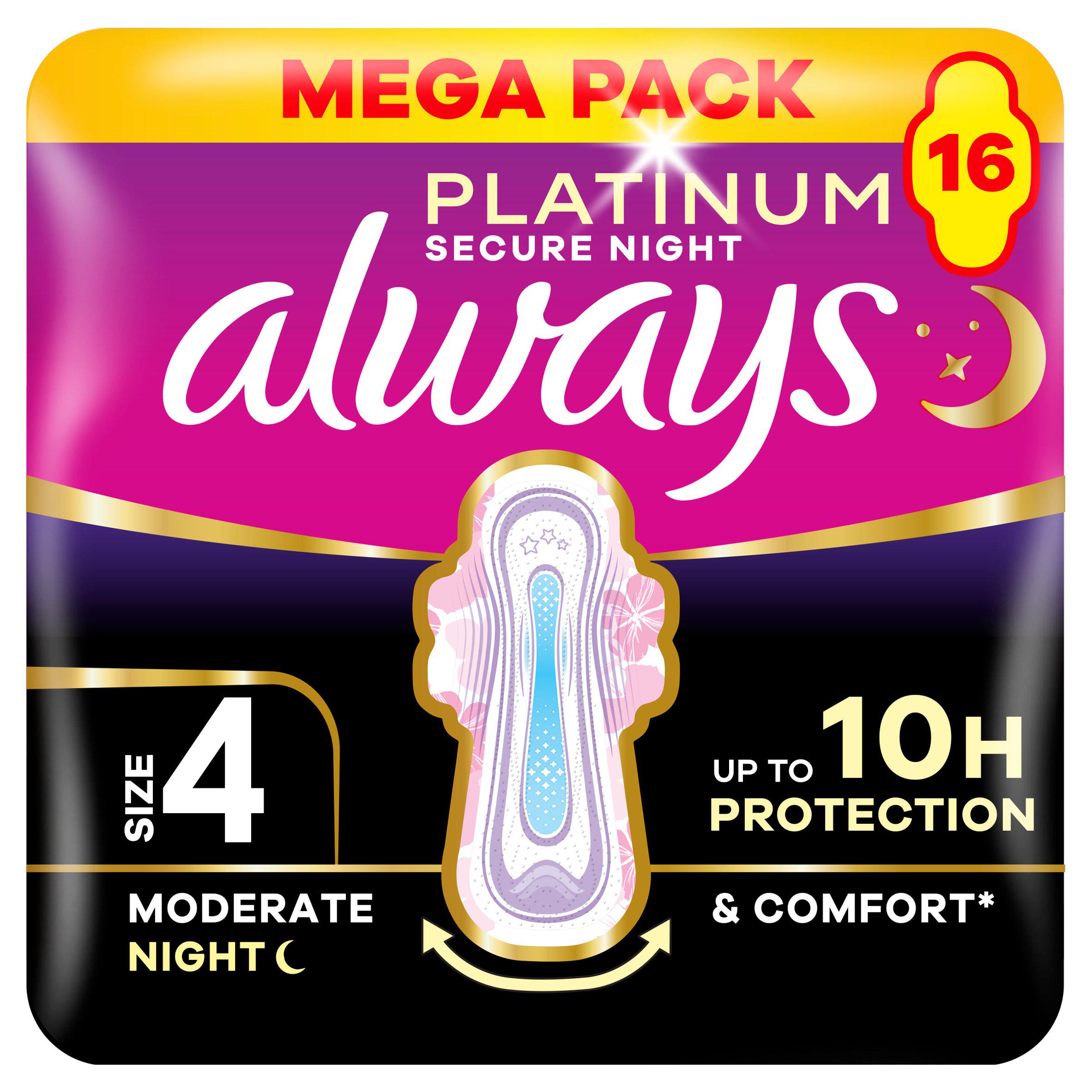 Always Platinum Secure Night Size 4 Sanitary Towels With Wings Pads x16