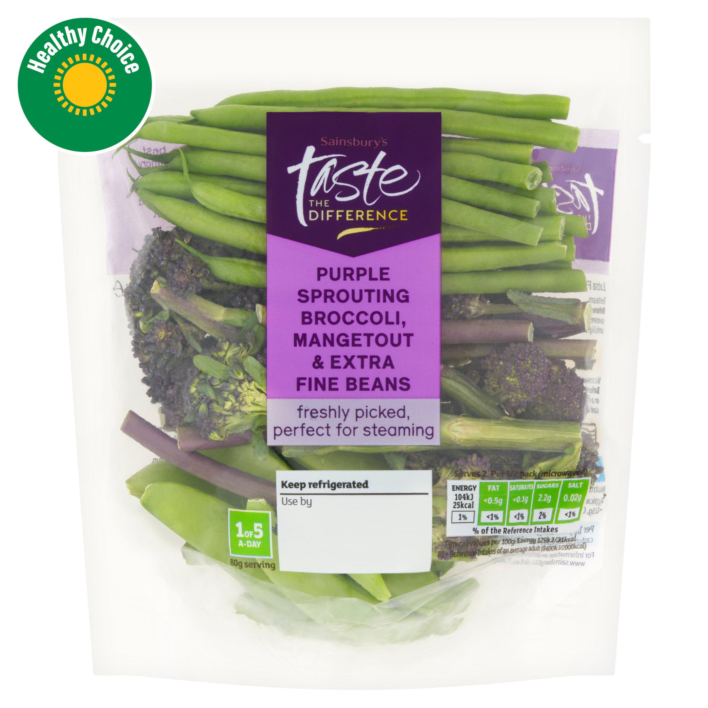 Sainsbury's Purple Sprouting Broccoli, Mangetout & Extra Fine Beans, Taste the Difference 160g