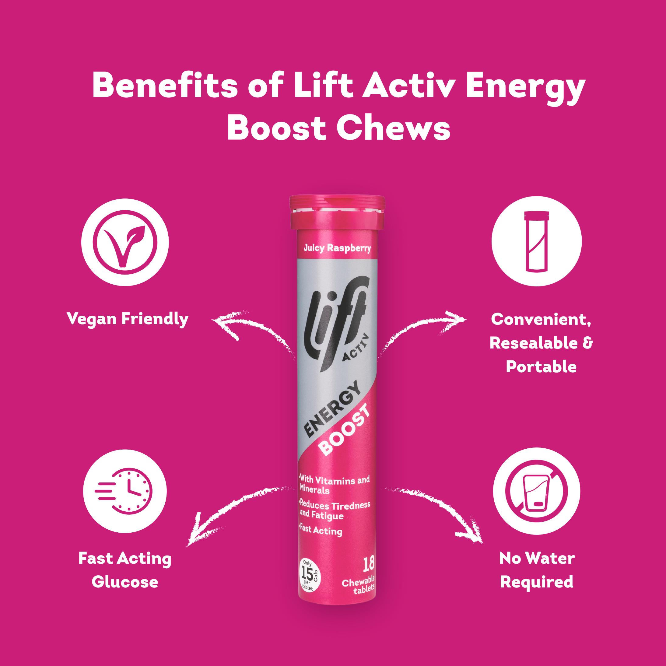Lift Activ Juicy Raspberry Energy Boost Chewable Tablets x18 72g thumbnail 2