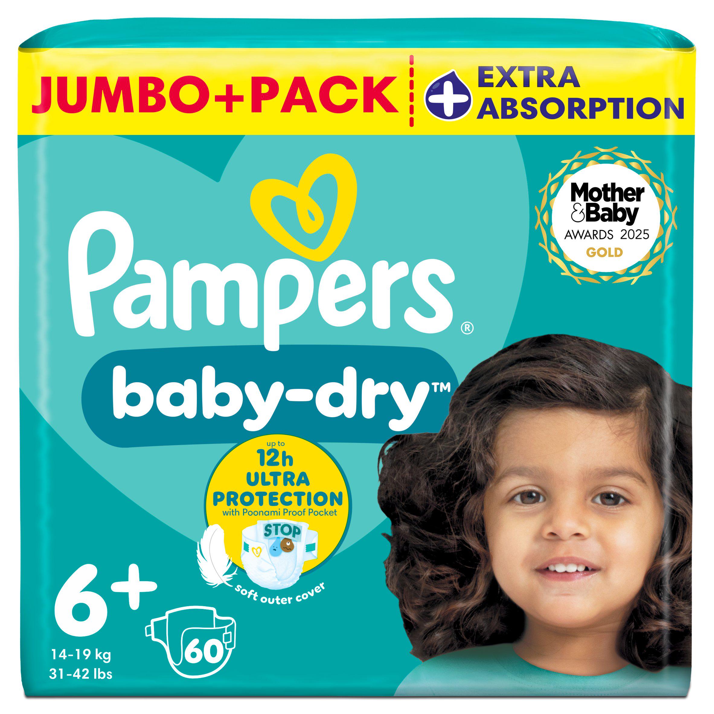 Pampers Baby-Dry Size 6+, 60 Nappies, 14kg-19kg