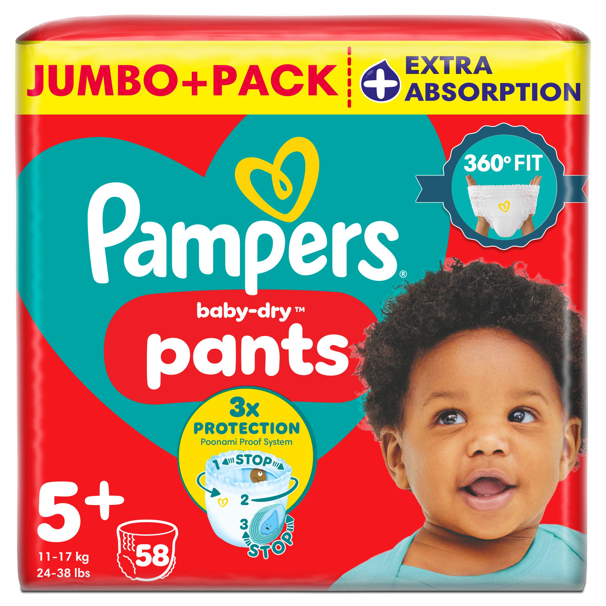 Pampers Baby-Dry Nappy Pants Size 5+, 58 Nappies,12kg-17kg