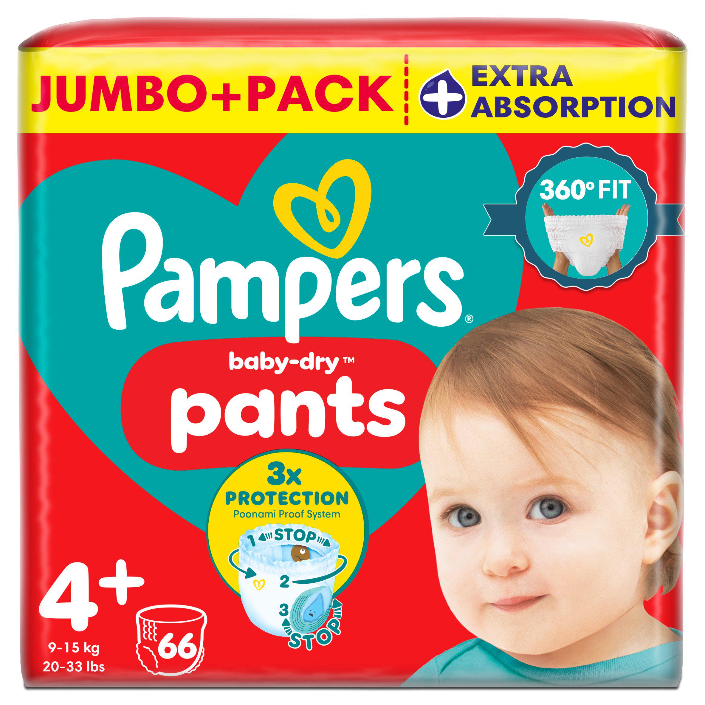 Pampers Baby-Dry Nappy Pants Size 4+, 66 Nappies, 9kg-15kg
