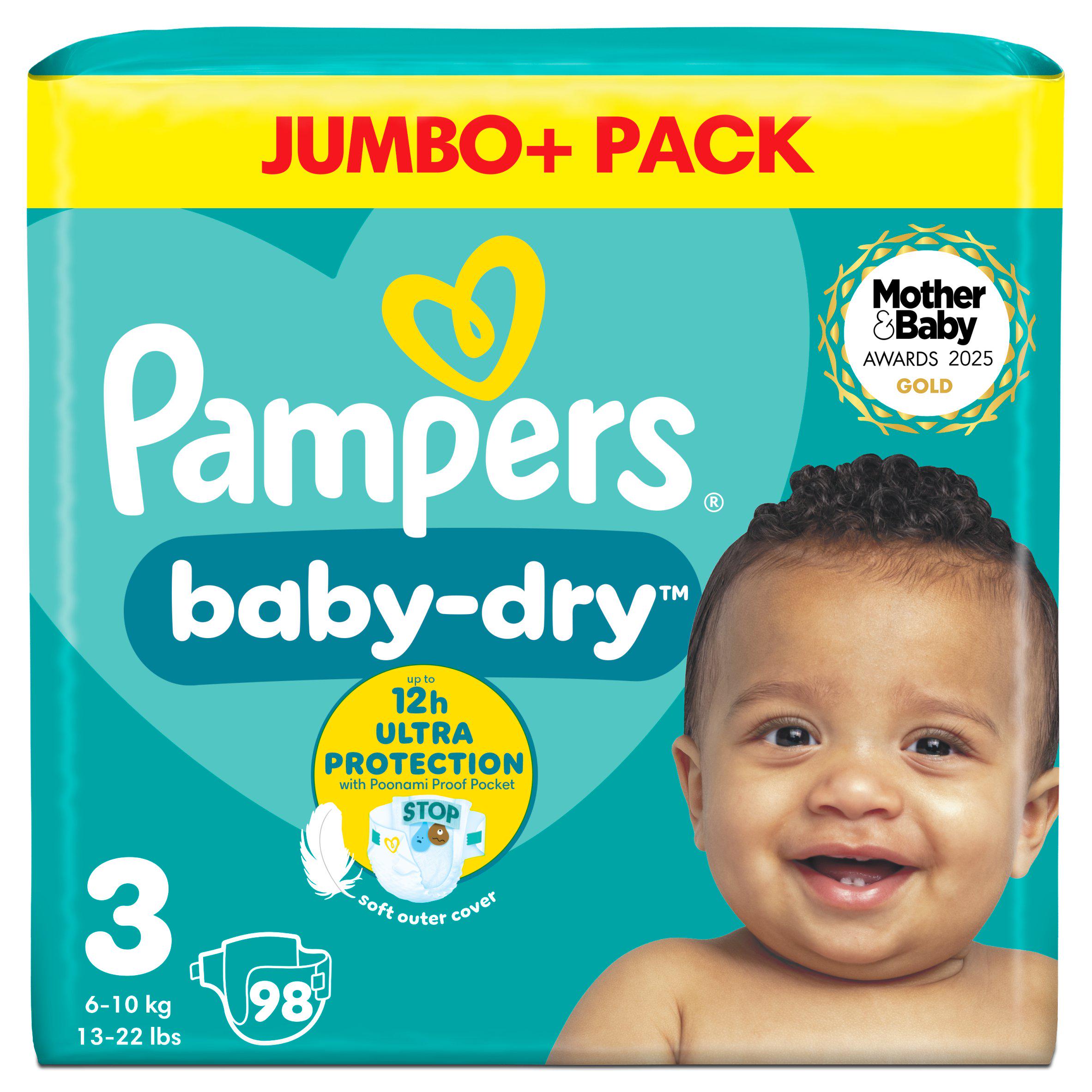 Pampers Baby-Dry Size 3, 98 Nappies, 6kg - 10kg, Jumbo+ Pack