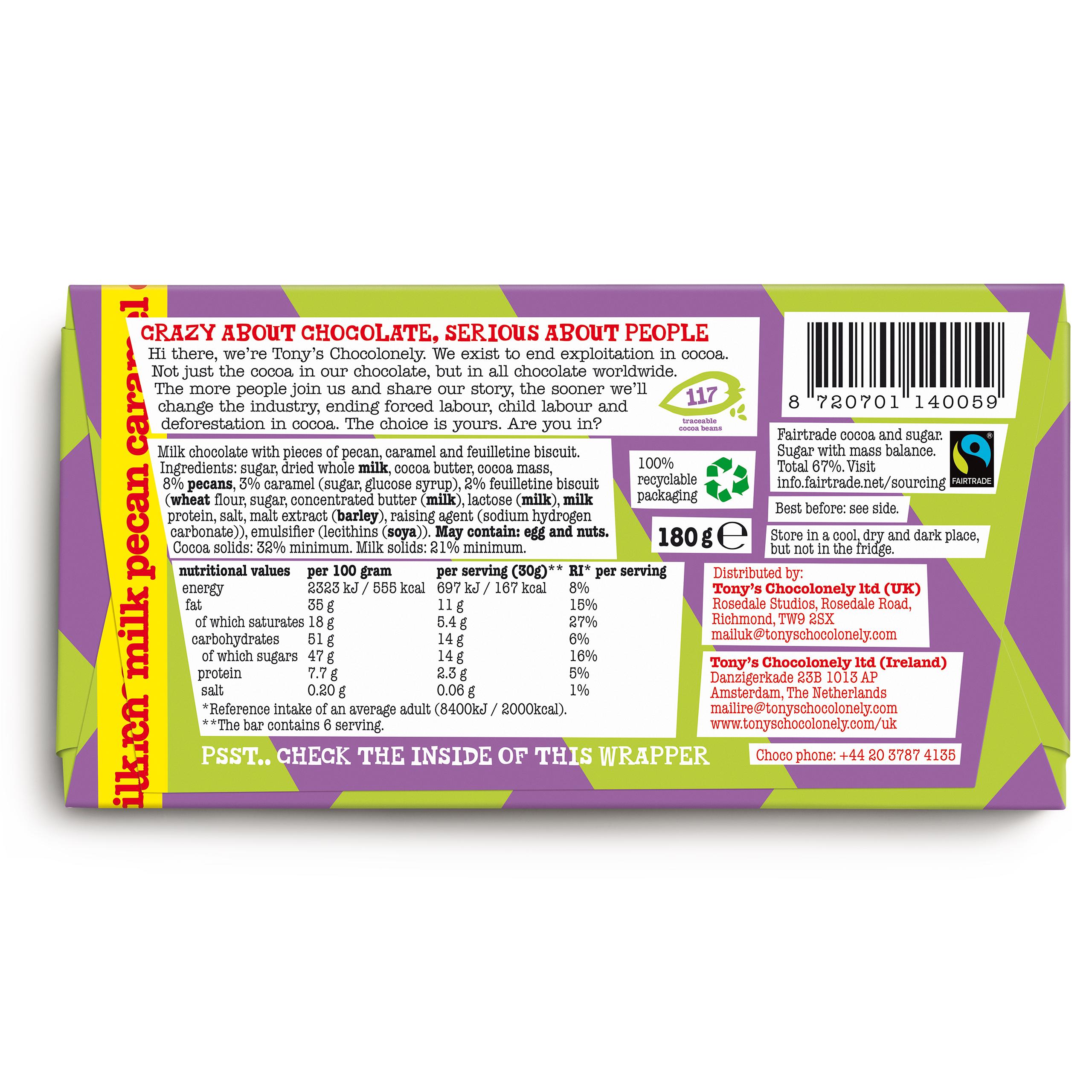 Tony's Chocolonely Milk Chocolate with Pecan Caramel & Biscuit Pieces 180g thumbnail 2