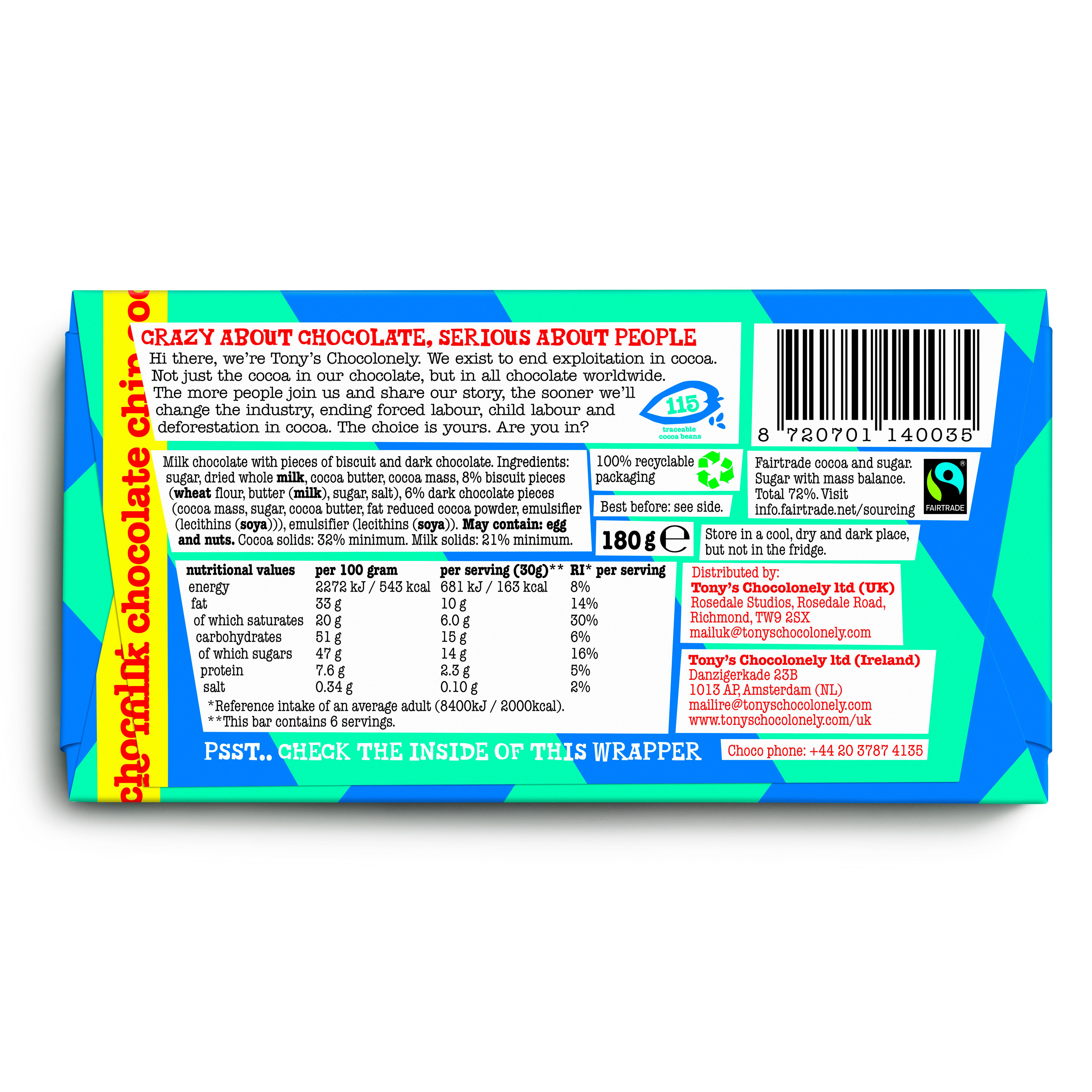 Tony's Chocolonely Milk Chocolate Chip Cookie 180g thumbnail 2
