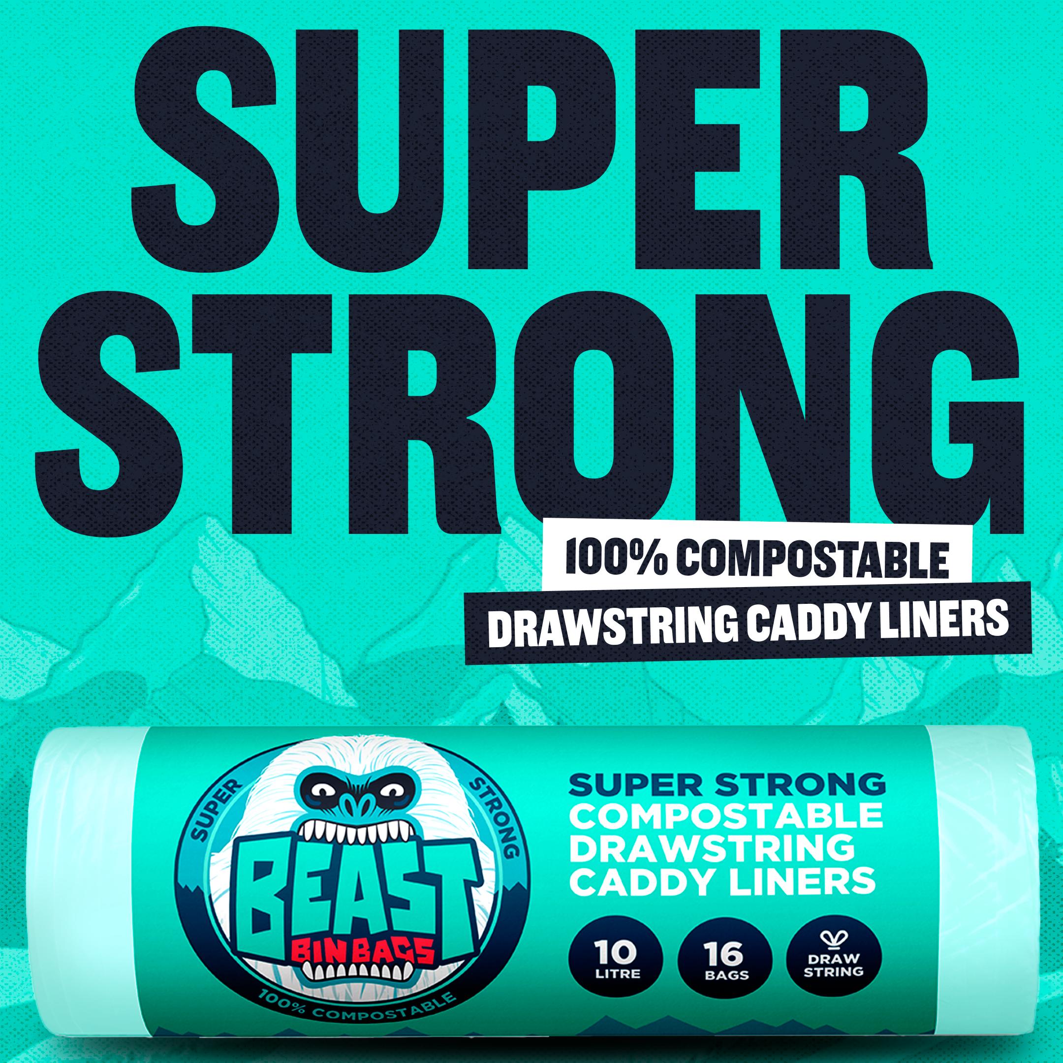 Beast Bin Bags Super Strong Compostable Drawstring Caddy Liners x16 10L thumbnail 2