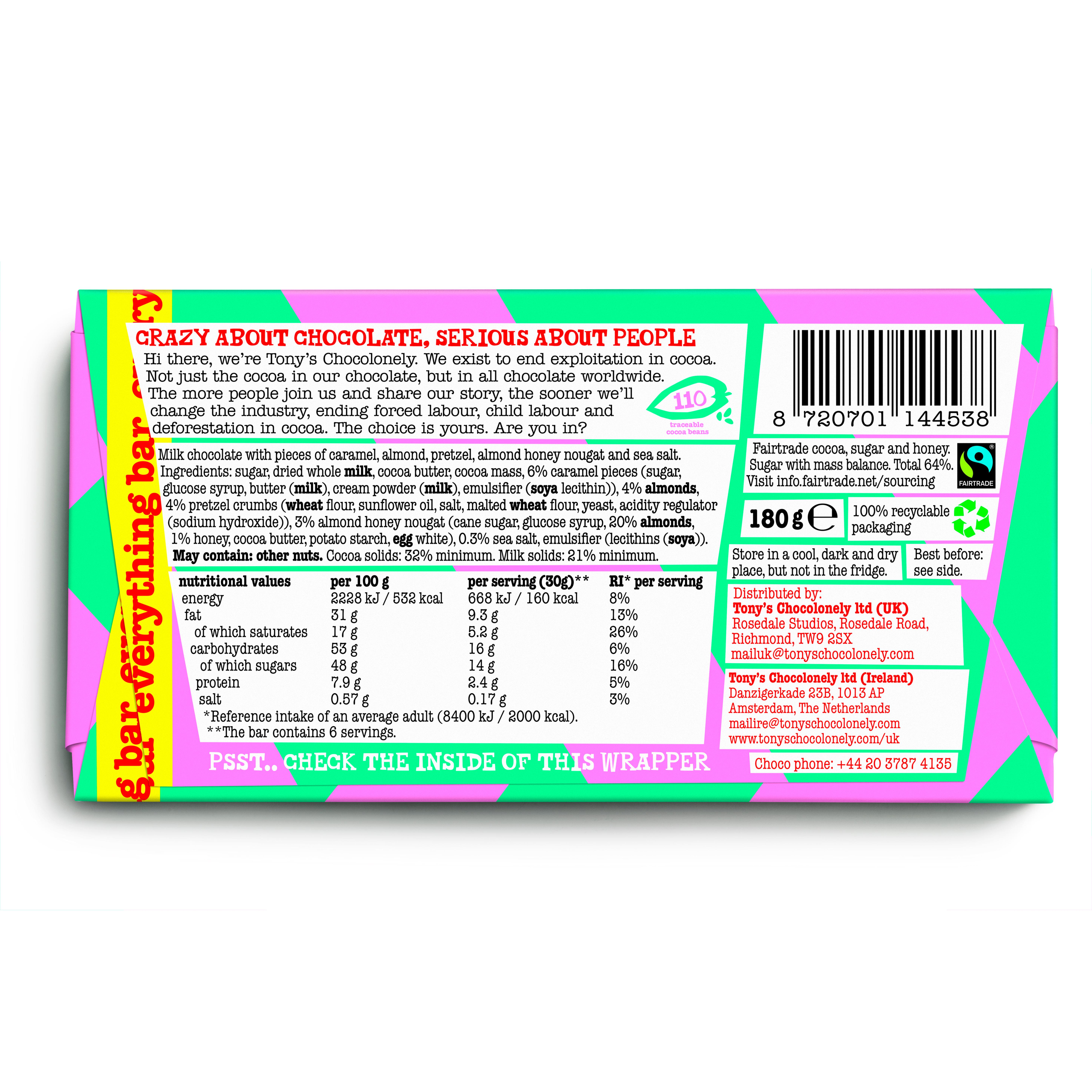 Tony's Chocolonely Milk Chocolate with Caramel, Pretzel, Almond, Nougat & Sea Salt 180g thumbnail 2
