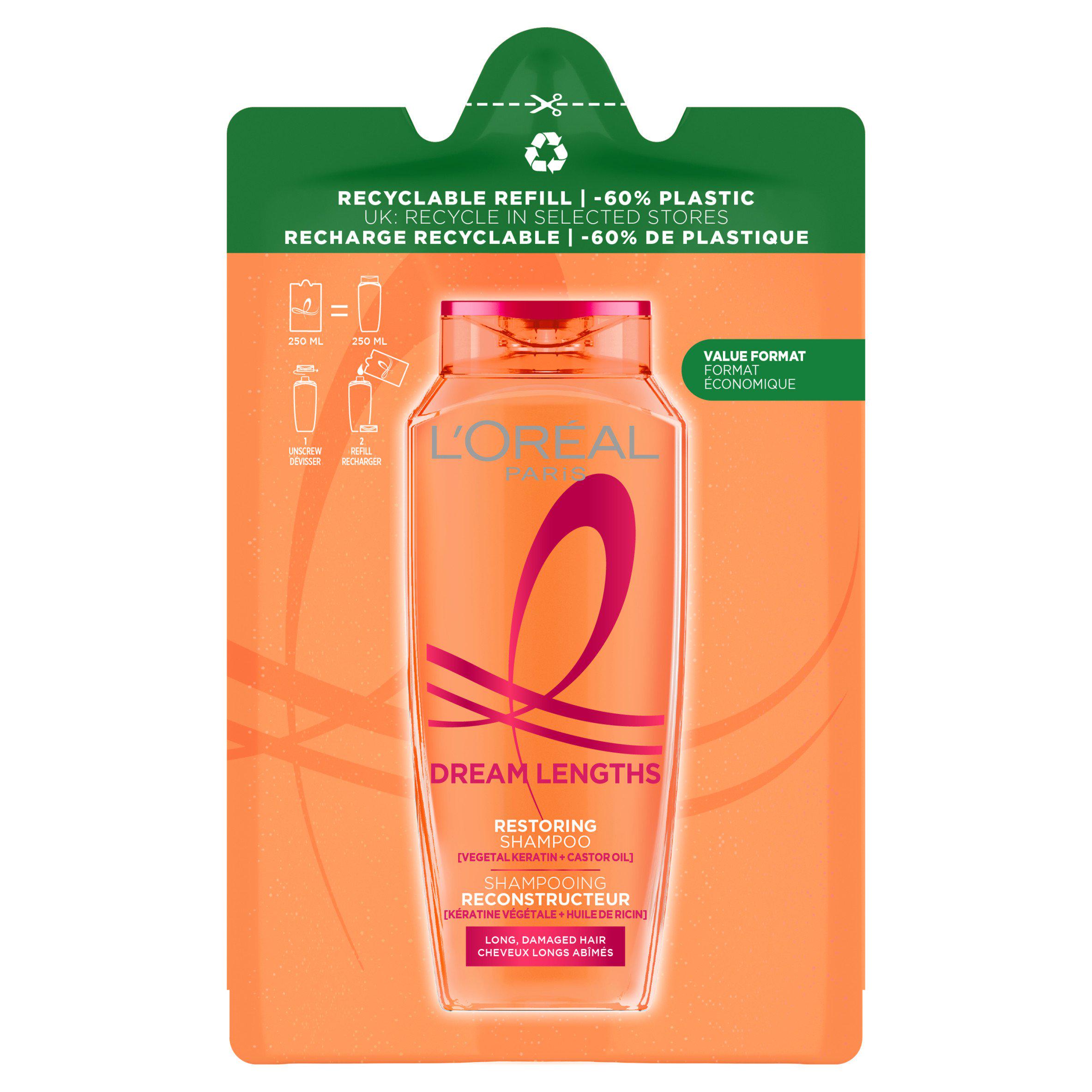 L'Oréal Paris Elvive Dream Lengths Restoring Shampoo Refill Pouch for Long Hair 250ml