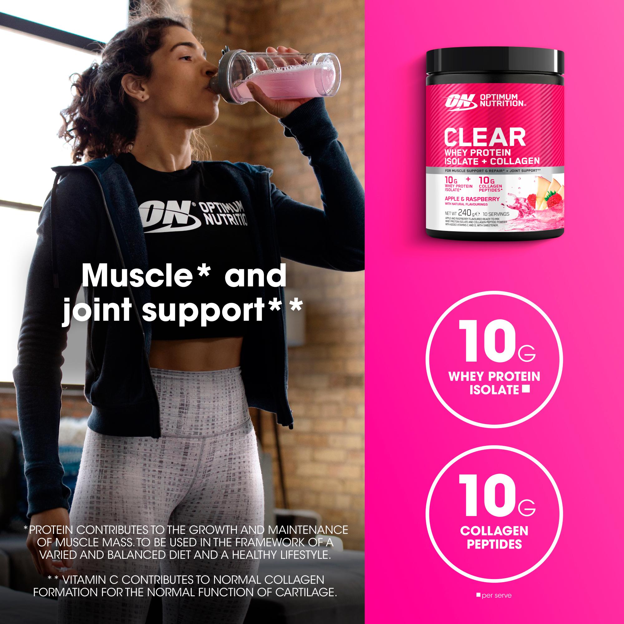 Optimum Nutrition Clear Whey Protein Isolate + Collagen Powder Apple & Raspberry 240g thumbnail 3