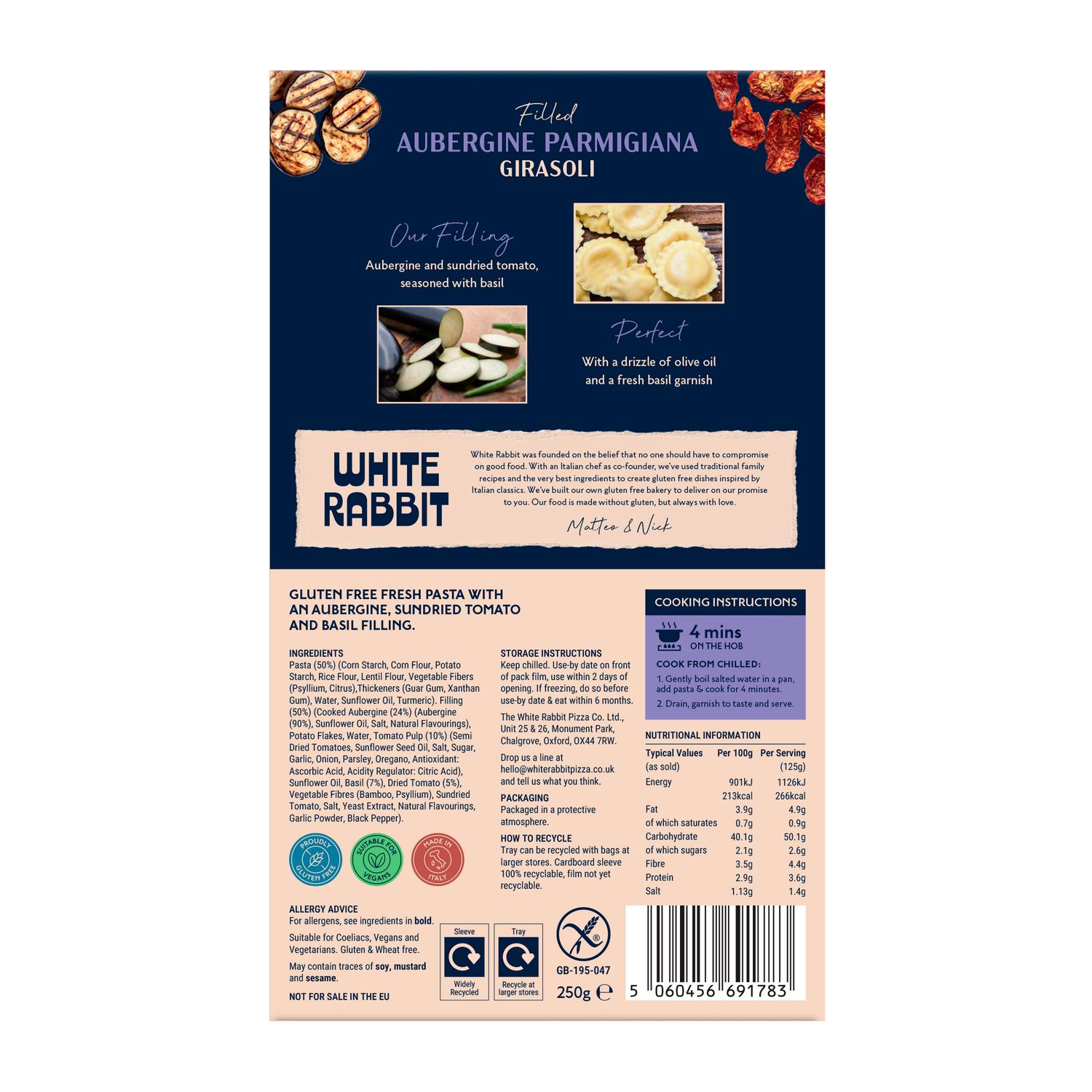 White Rabbit 250g Gluten Free Filled Aubergine Parmigiana Girasoli Pasta thumbnail 2