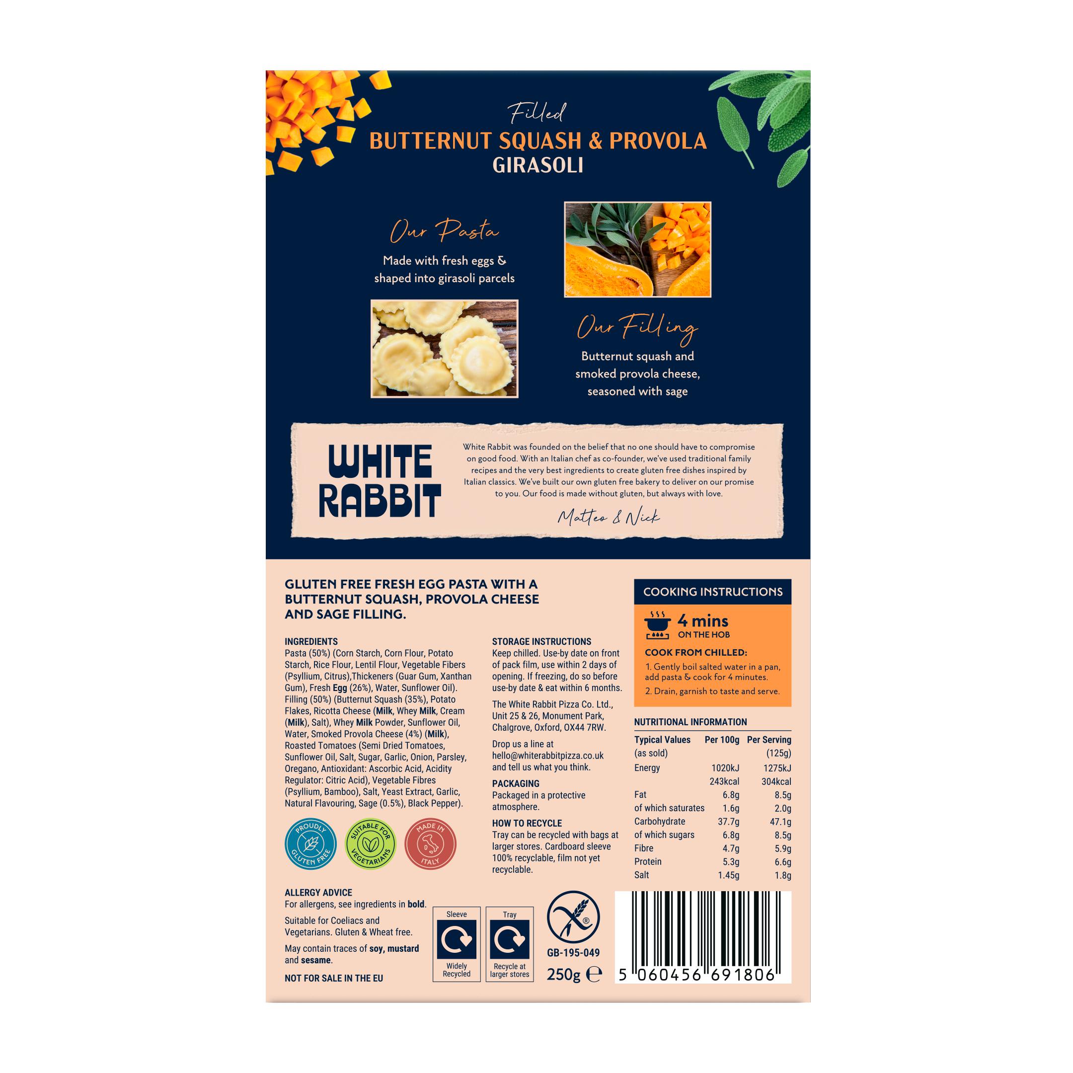 White Rabbit 250g Gluten Free Filled Butternut Squash & Provola Girasoli Pasta thumbnail 2