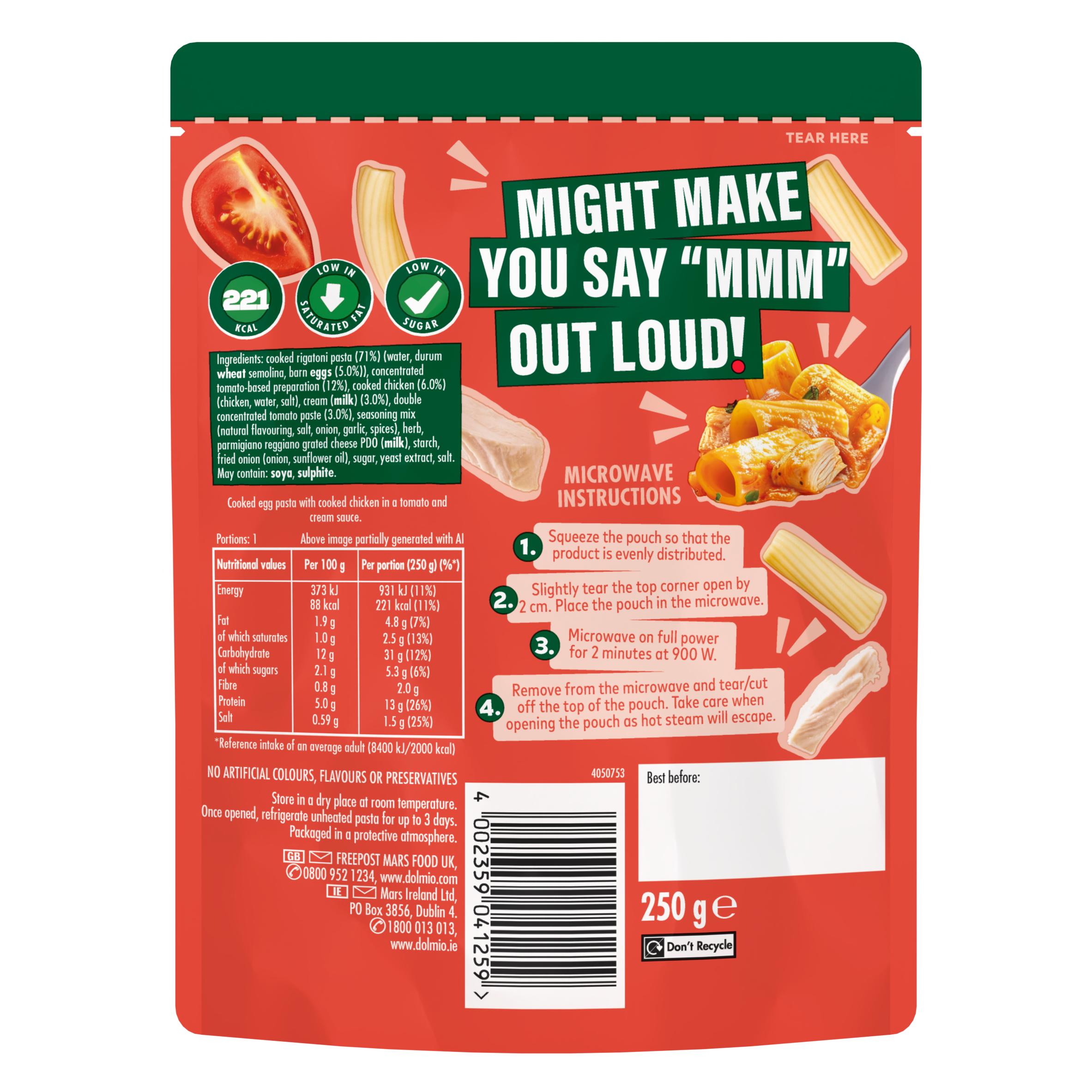 Dolmio Feasts 250g Creamy Tomato & Chicken Rigatoni Pasta Ready Meal thumbnail 2