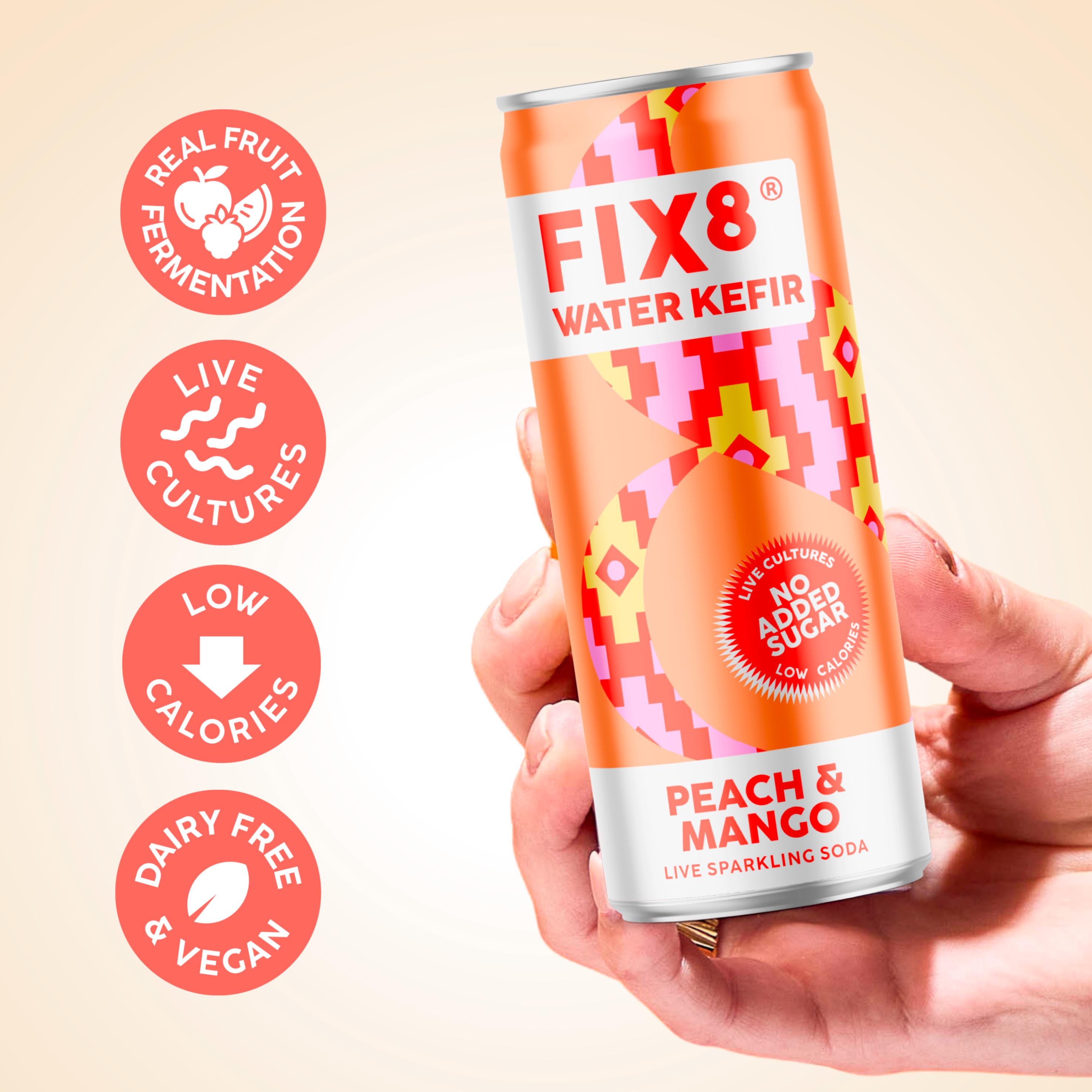 Fix8 Water Kefir Peach & Mango Live Sparkling Soda 4 x 250ml thumbnail 2