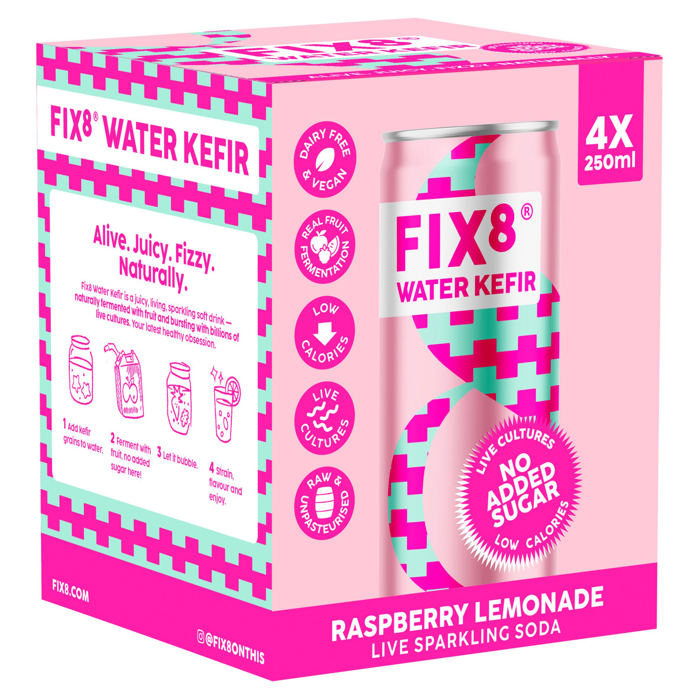 Fix8 Water Kefir Raspberry Lemonade Live Sparkling Soda 4 x 250ml