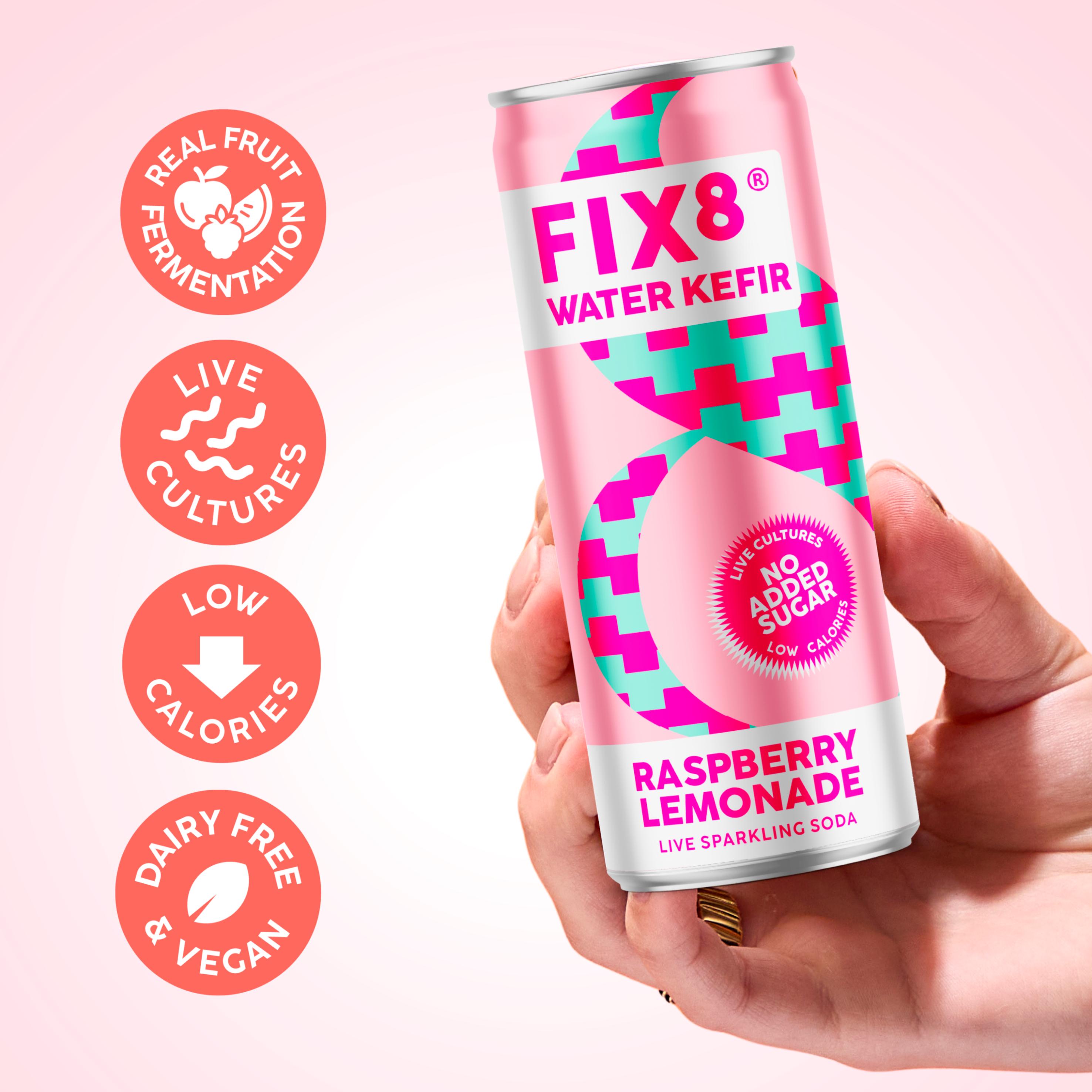 Fix8 Water Kefir Raspberry Lemonade Live Sparkling Soda 4 x 250ml thumbnail 2
