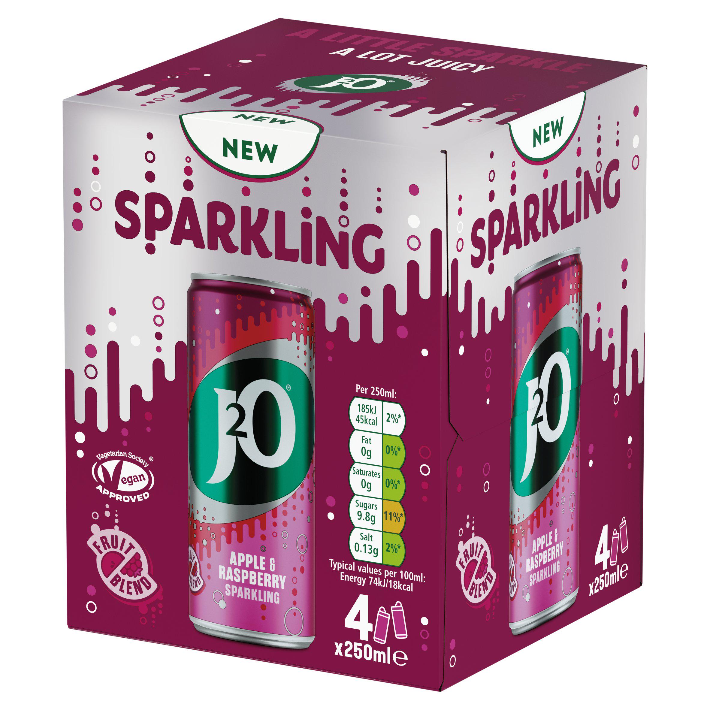 J2O 4 x 250ml Sparkling Apple & Raspberry Soft Drink Cans