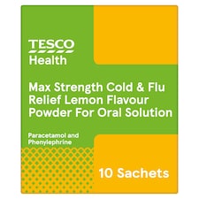 Tesco Health Max Strength Cold & Flu Relief Powder Sachets - Lemon, Paracetamol 10s