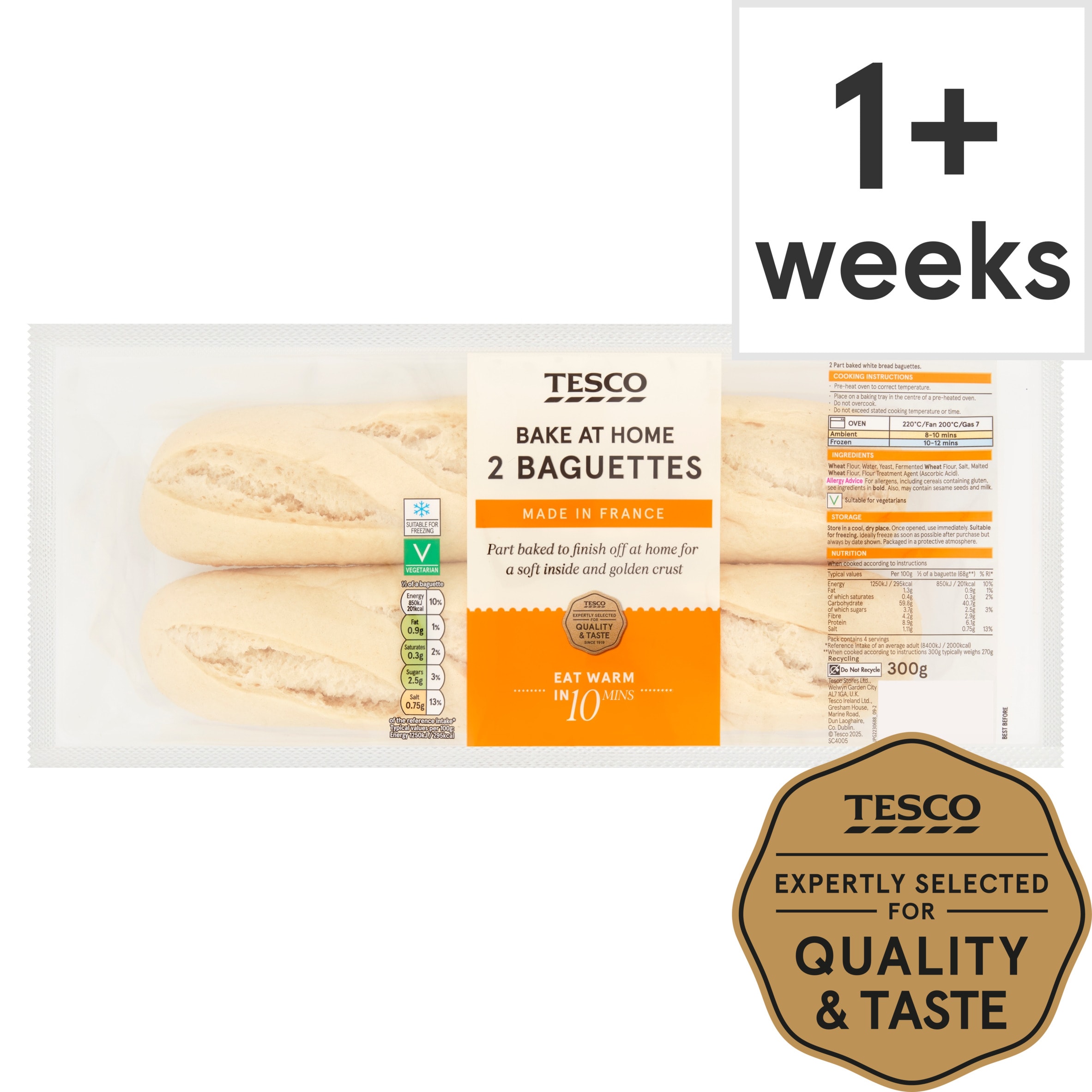 Tesco Homebake Part Baked White Baguettes 2 Pack