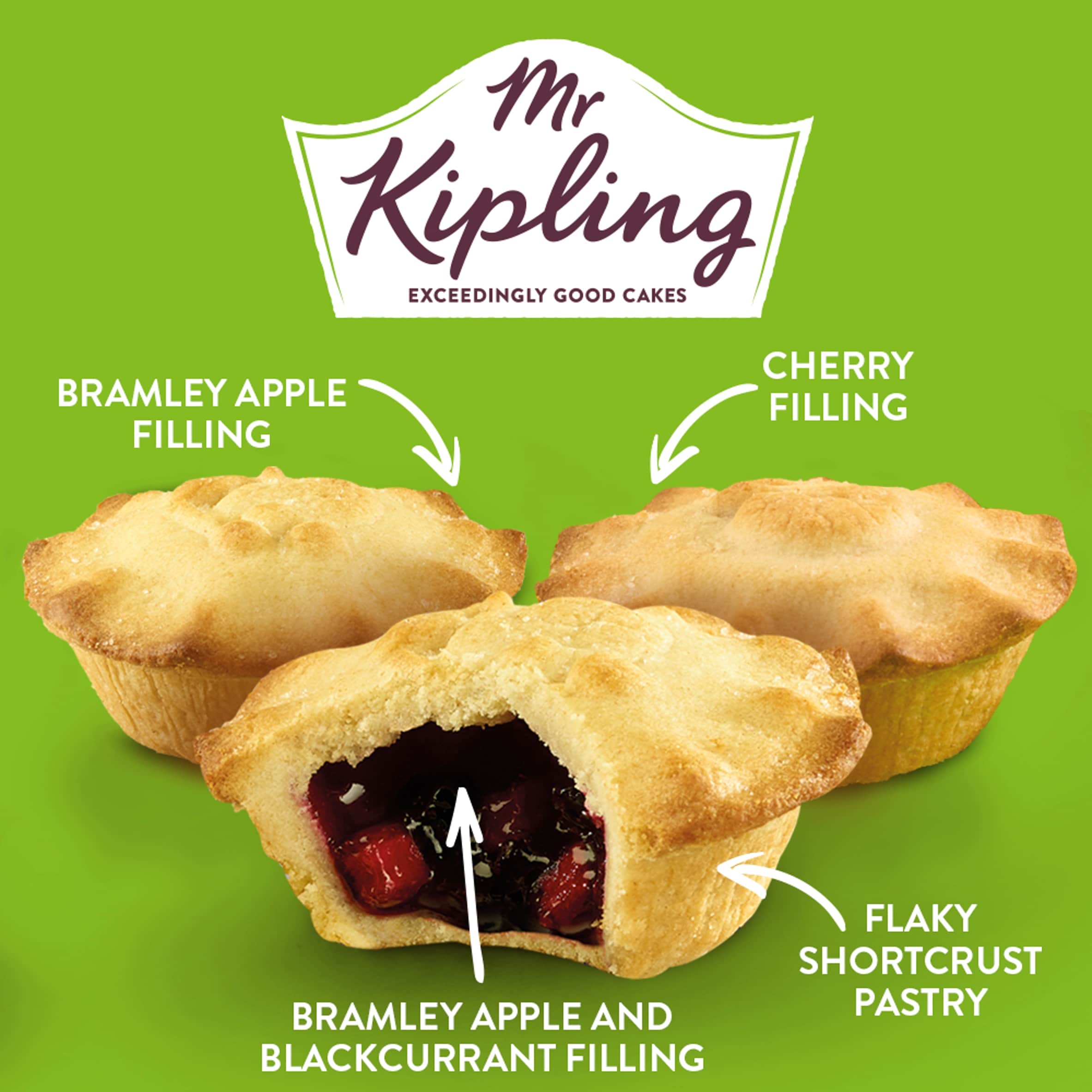 Mr Kipling Bramley Apple & Blackcurrant, Bramley Apple and Cherry Pies 6 Pack thumbnail 2