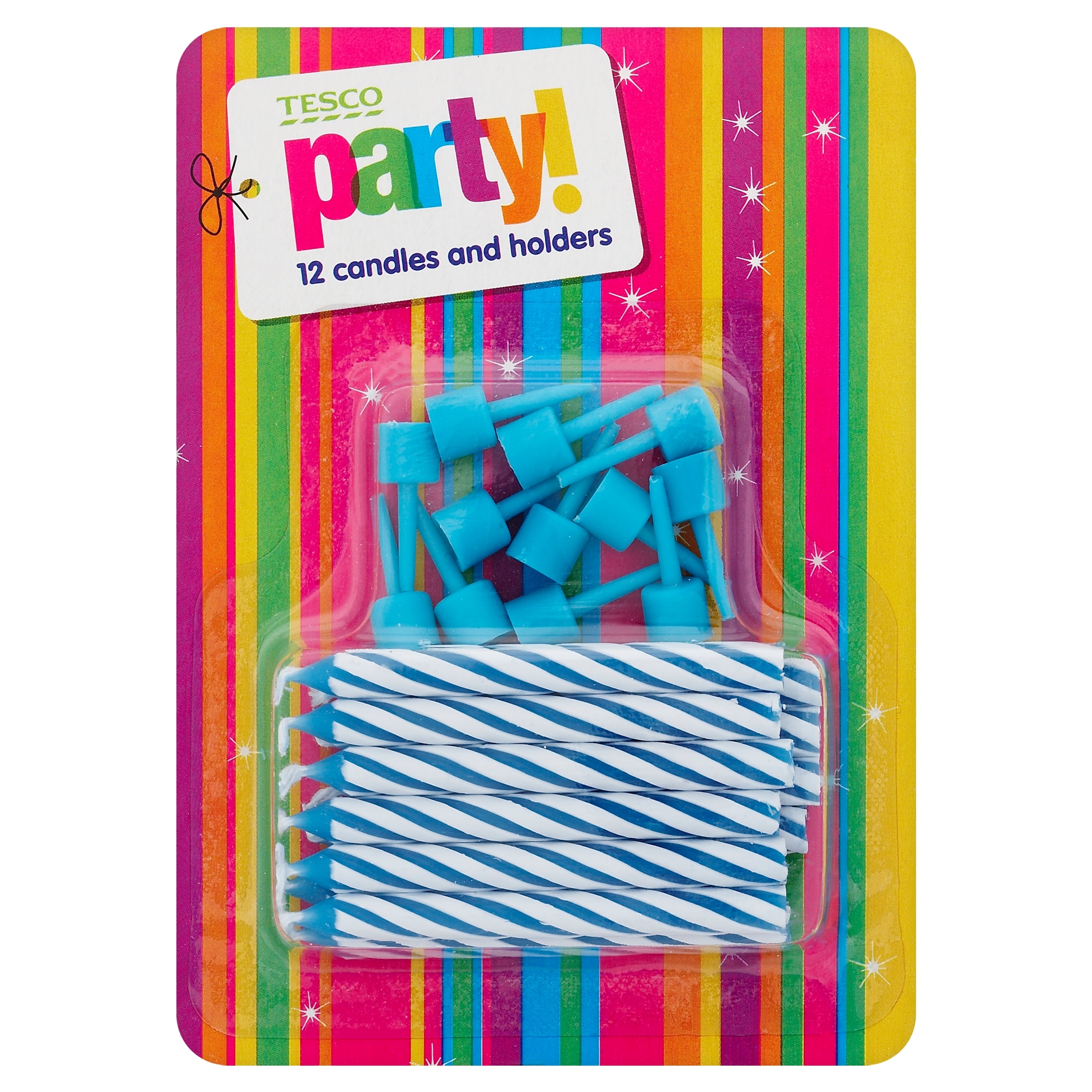 Tesco Blue Candy Stripe 12 Candles & Holde