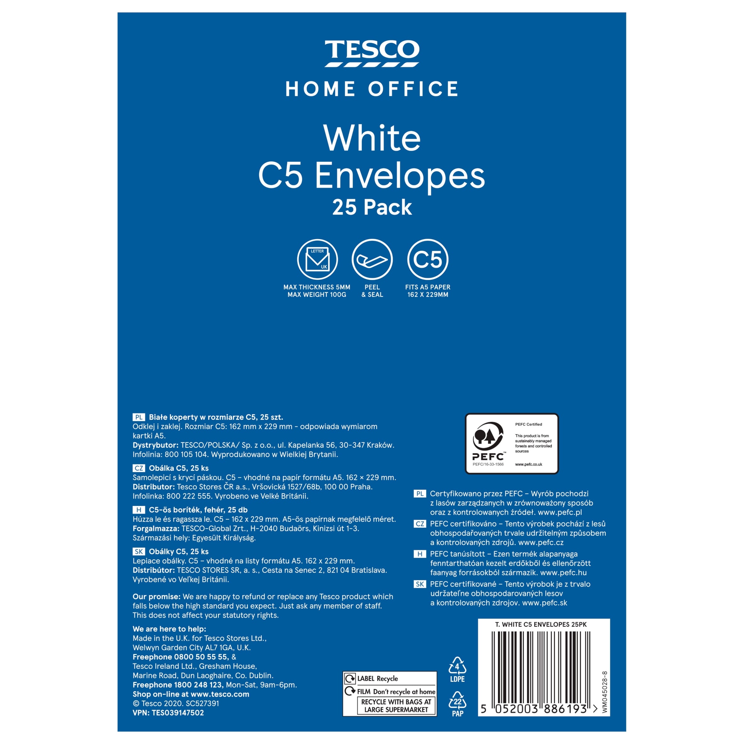 Tesco White C5 Envelopes 25Pk