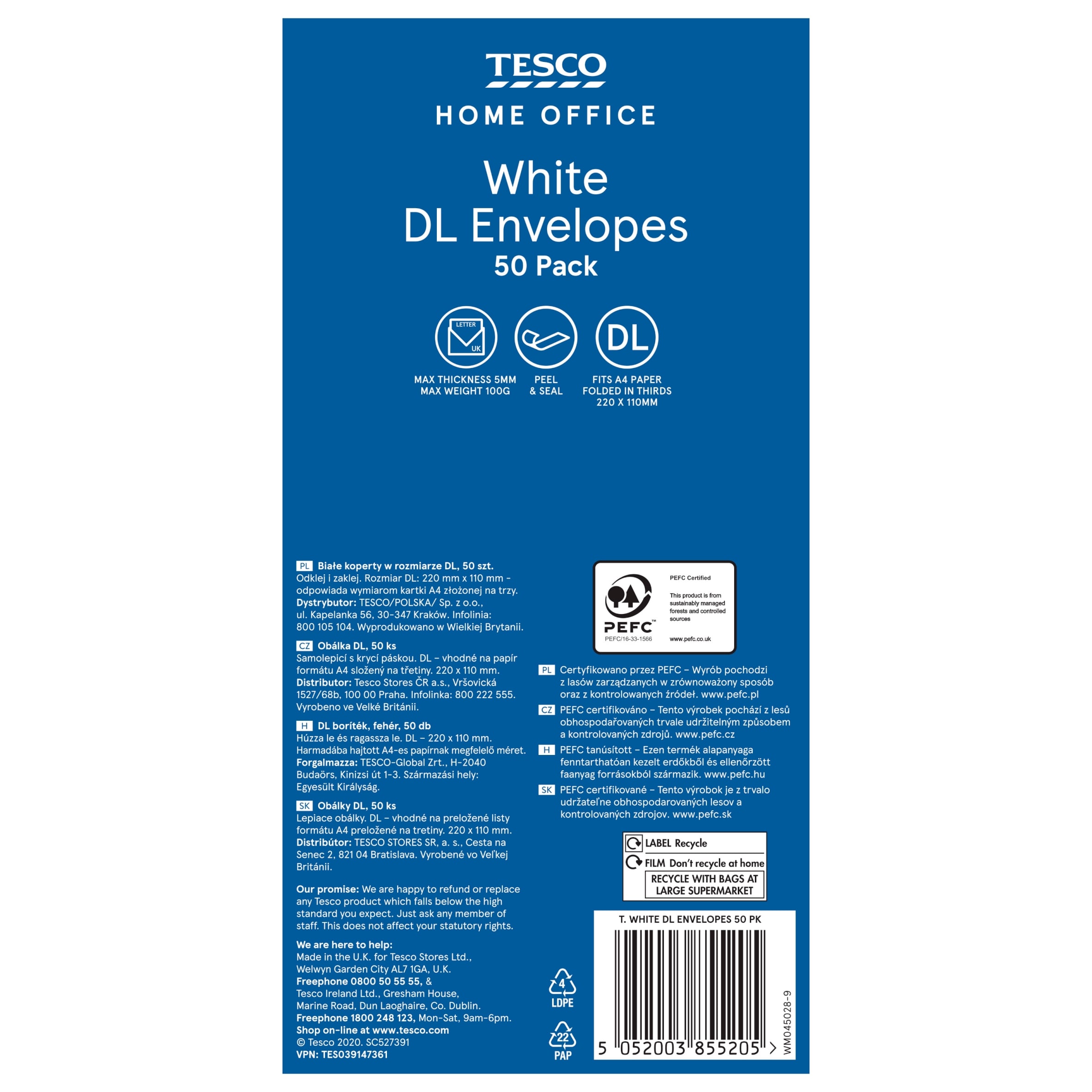 Tesco White DL Envelopes 50Pk