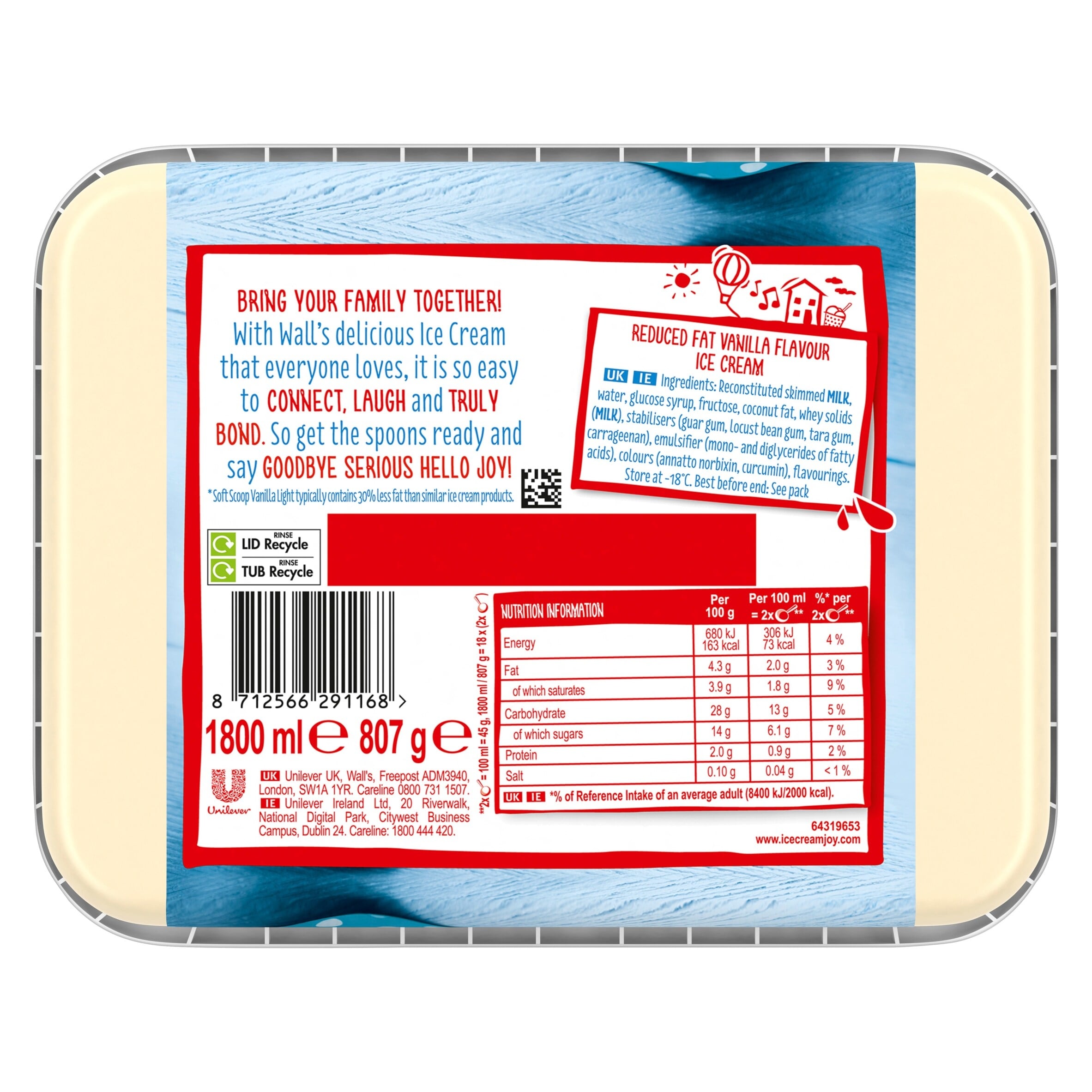Walls Soft Scoop Vanilla Light Ice Cream Tub 1800ml thumbnail 2