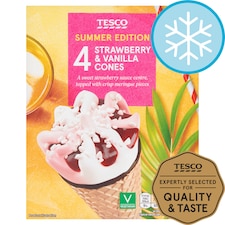 Tesco Strawberry & Vanilla Cones 4 X 110Ml