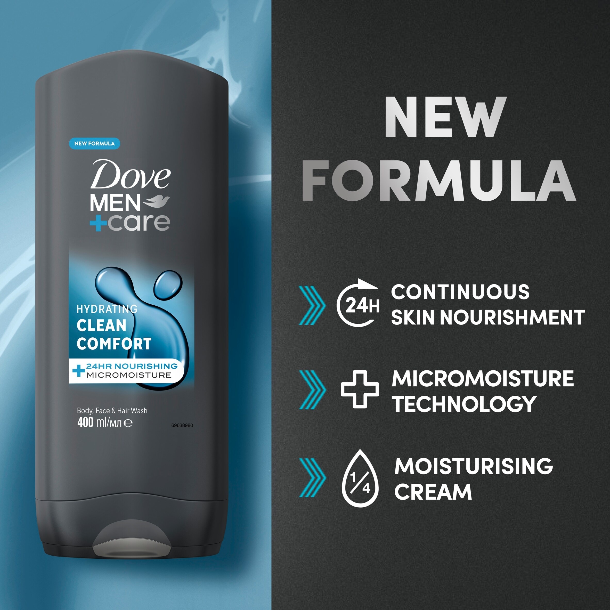 Dove Men+Care Clean Comfort 3-in-1 Body Face Hair Wash Shower Gel 400ml thumbnail 2